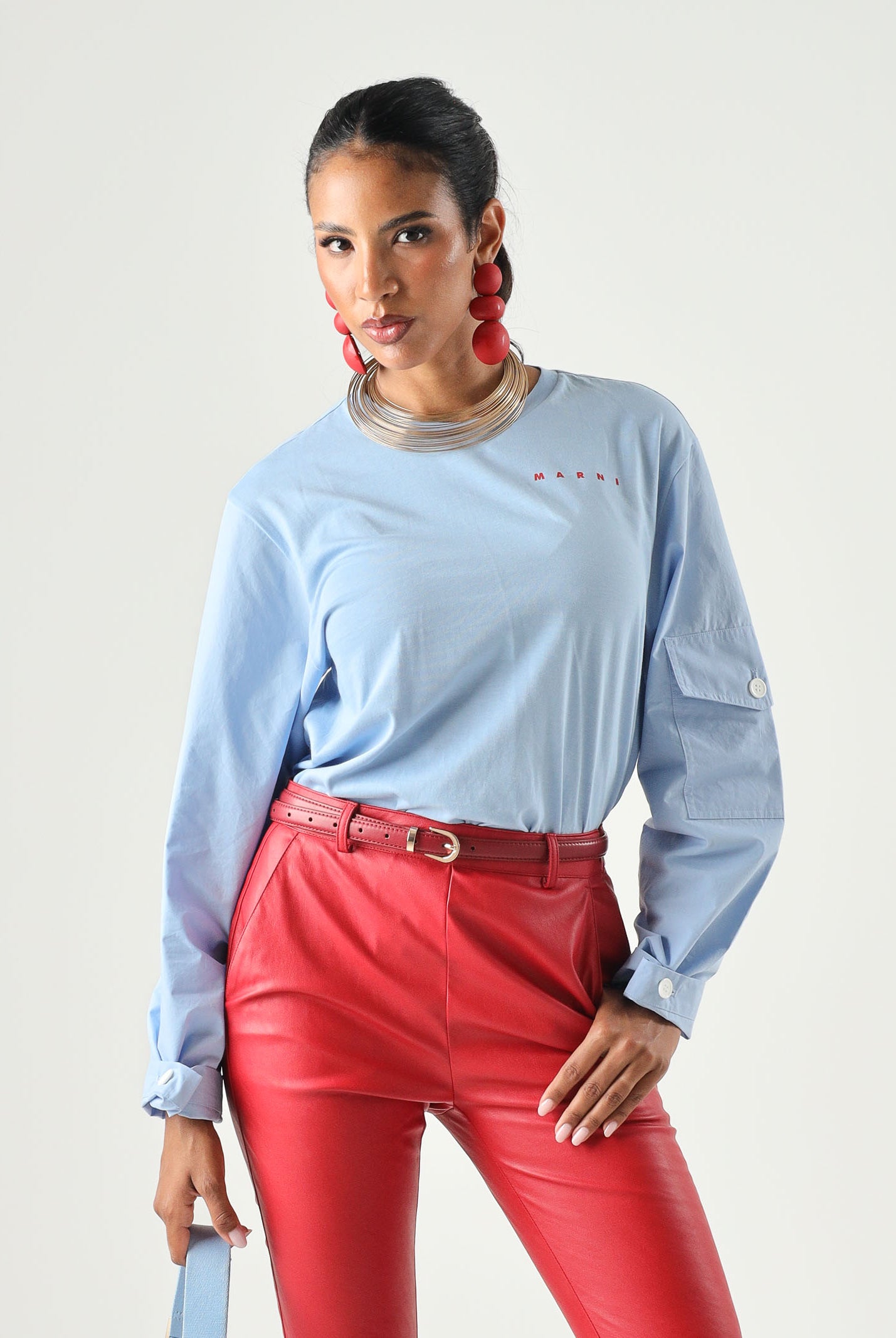 MARNI T-shirt manica lunga azzurro cielo per donna, ragazzi e bambini con logo frontale. M01905M00YM 0M863 MARNI