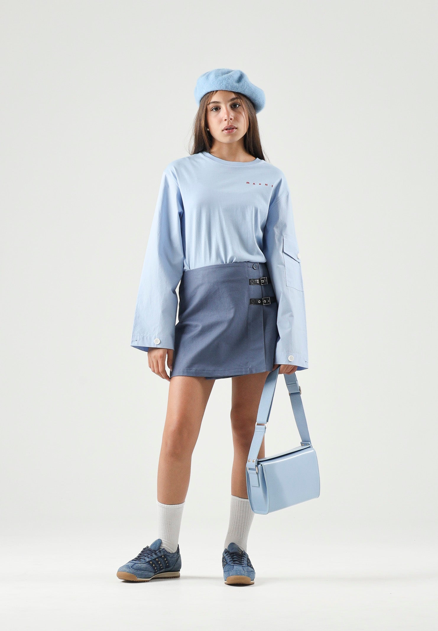 MARNI T-shirt manica lunga azzurro cielo per donna, ragazzi e bambini con logo frontale. M01905M00YM 0M863 MARNI