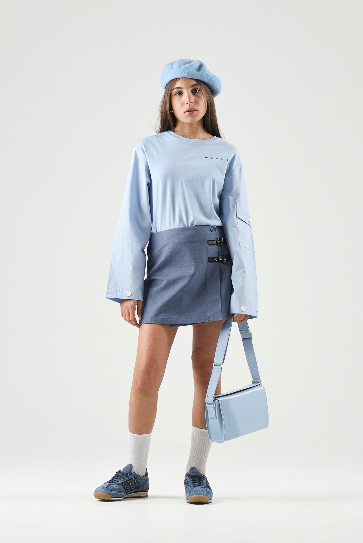 MARNI T-shirt manica lunga azzurro cielo per donna, ragazzi e bambini con logo frontale. M01905M00YM 0M863 MARNI