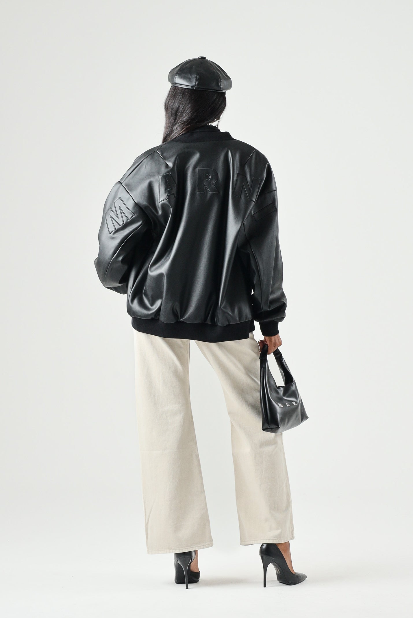 MARNI Bomber effetto pelle nero per donna, ragazzi e bambini con chiusura zip, profili a costine e logo M01977M00W2 0M900 MARNI