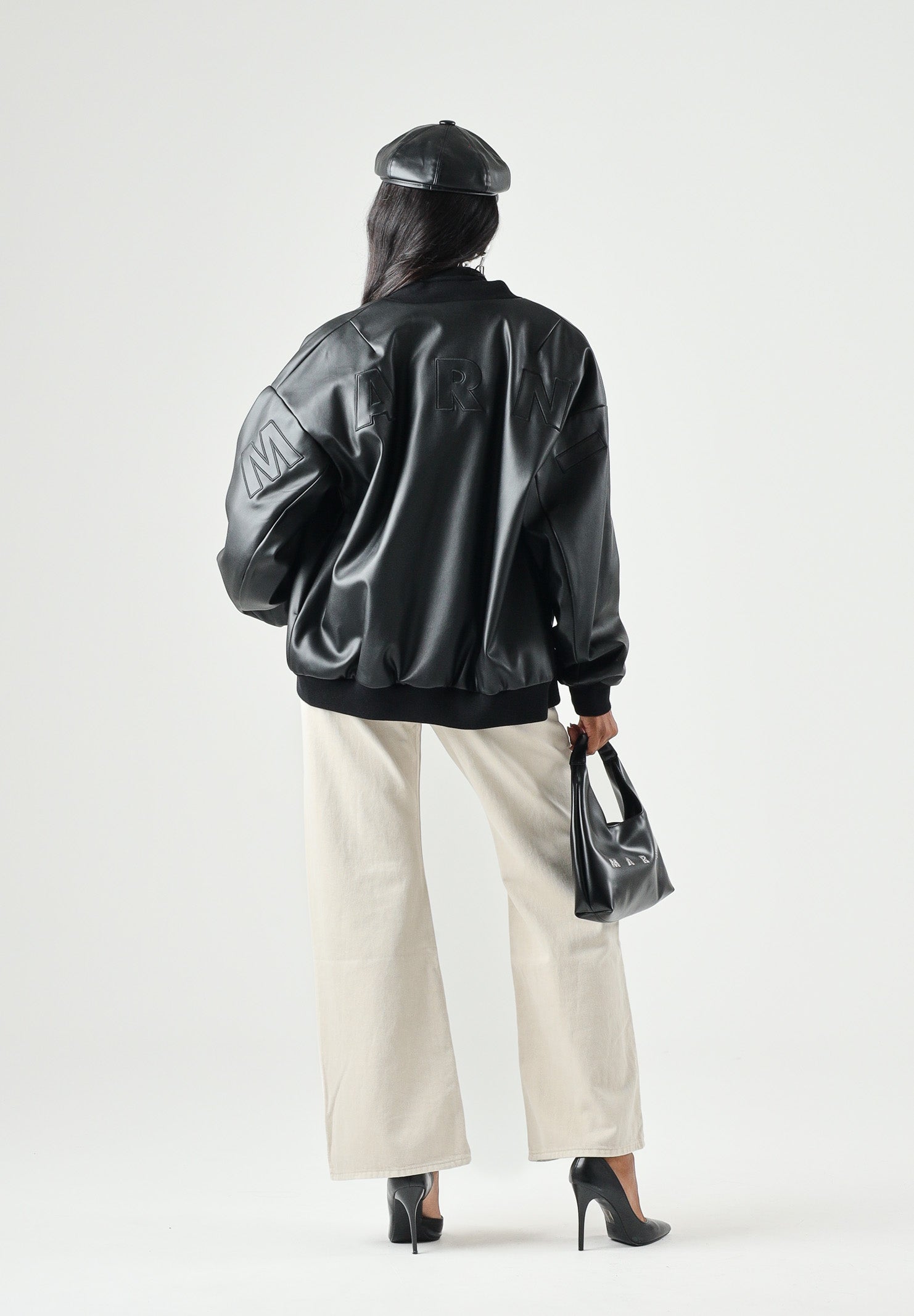 MARNI Bomber effetto pelle nero per donna, ragazzi e bambini con chiusura zip, profili a costine e logo M01977M00W2 0M900 MARNI