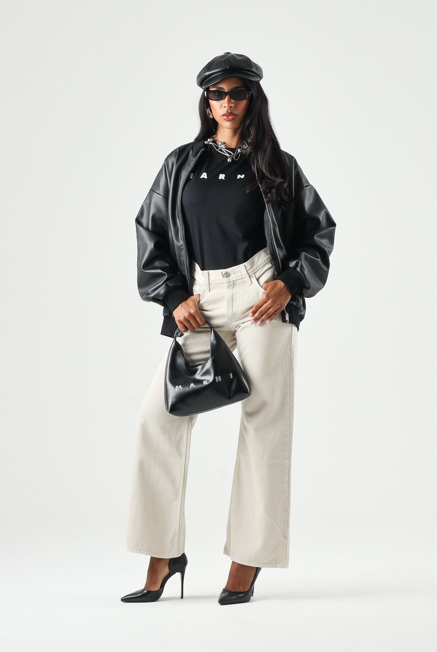 MARNI Bomber effetto pelle nero per donna, ragazzi e bambini con chiusura zip, profili a costine e logo M01977M00W2 0M900 MARNI