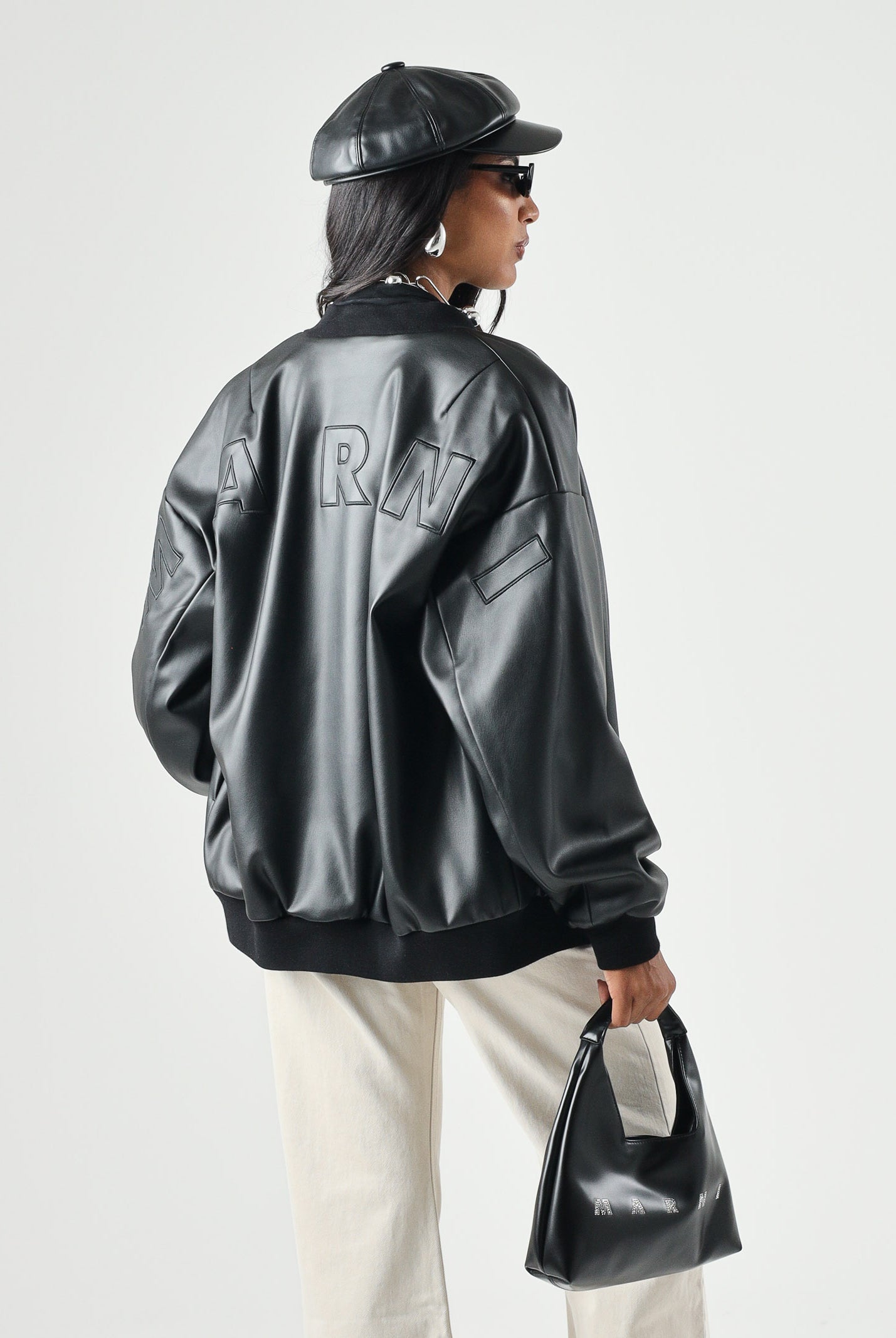 MARNI Bomber effetto pelle nero per donna, ragazzi e bambini con chiusura zip, profili a costine e logo M01977M00W2 0M900 MARNI
