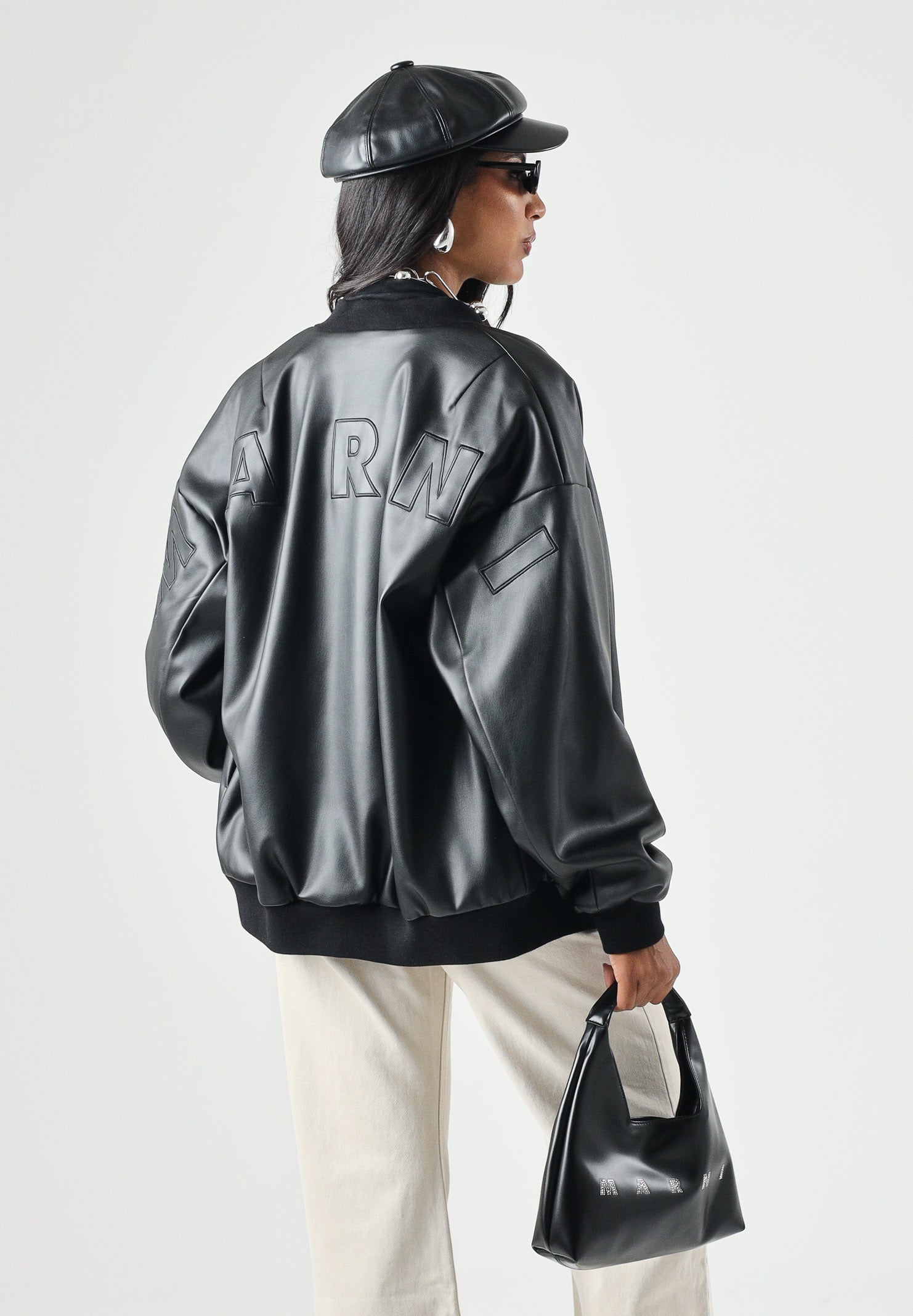MARNI Bomber effetto pelle nero per donna, ragazzi e bambini con chiusura zip, profili a costine e logo M01977M00W2 0M900 MARNI