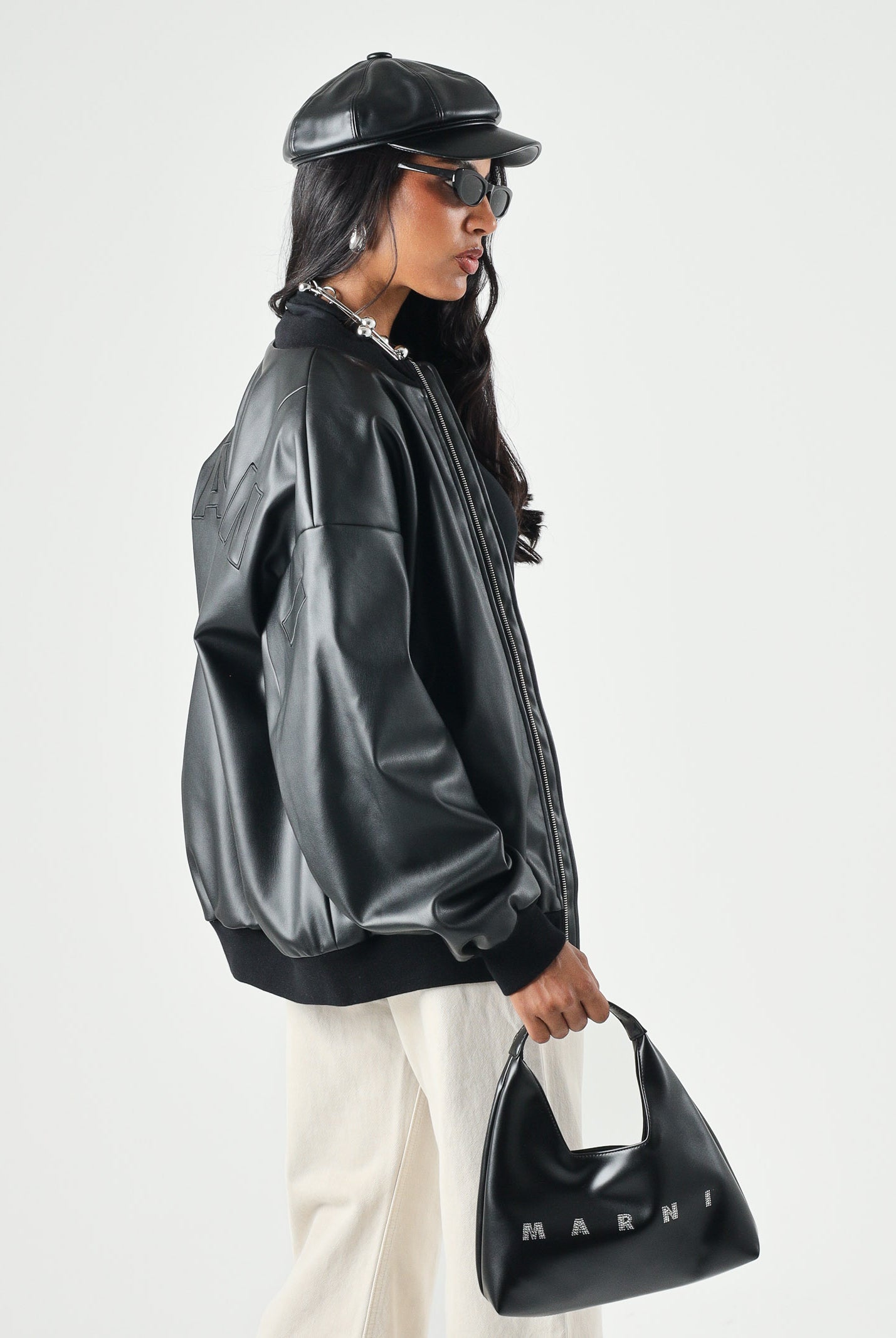 MARNI Bomber effetto pelle nero per donna, ragazzi e bambini con chiusura zip, profili a costine e logo M01977M00W2 0M900 MARNI