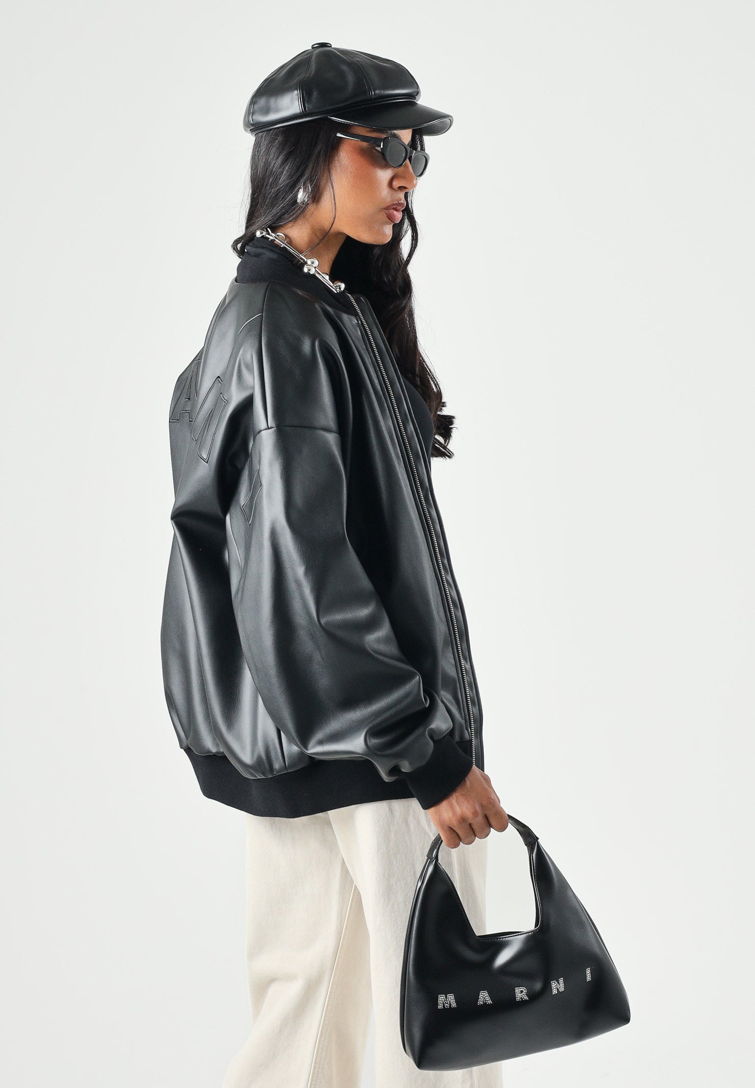 MARNI Bomber effetto pelle nero per donna, ragazzi e bambini con chiusura zip, profili a costine e logo M01977M00W2 0M900 MARNI