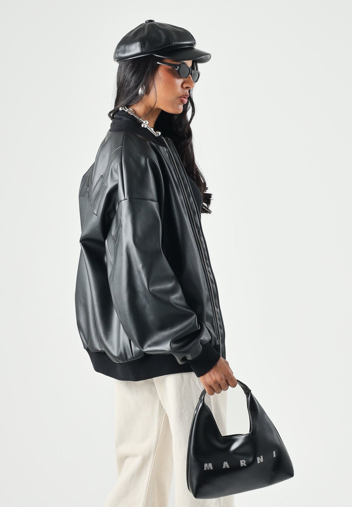 MARNI Giubbotto effetto eco- pelle nero per donna, ragazzi e bambini con chiusura zip, profili a costine e logo M01977M00W2 0M900 MARNI