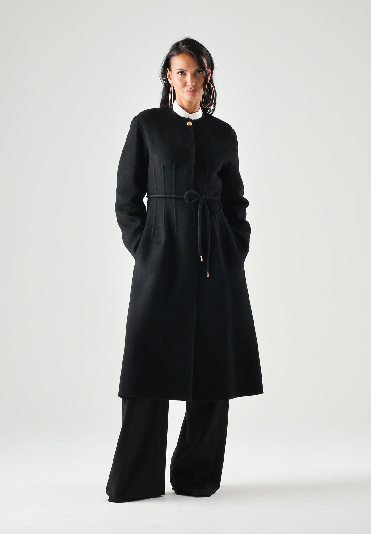 MAX MARA Cappotto lungo nero in cachemire e seta da donna, con cintura<BR/> 2626016011600 007 MAX MARA STUDIO