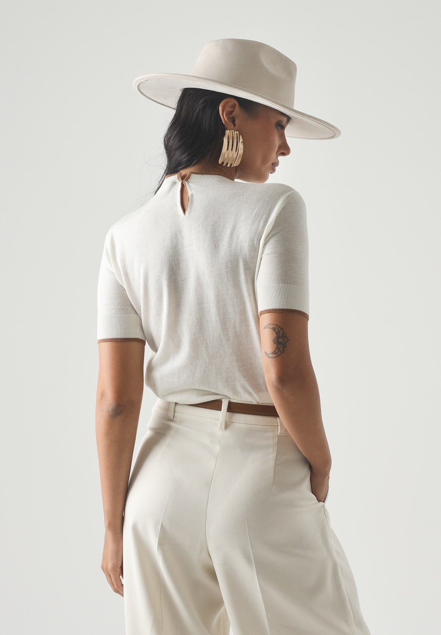 MAX MARA Maglia MSTAGENDA maniche corte in filato di lana bianco da donna con profilo intarsiato a contrasto. 2626366081600 012 MAX MARA