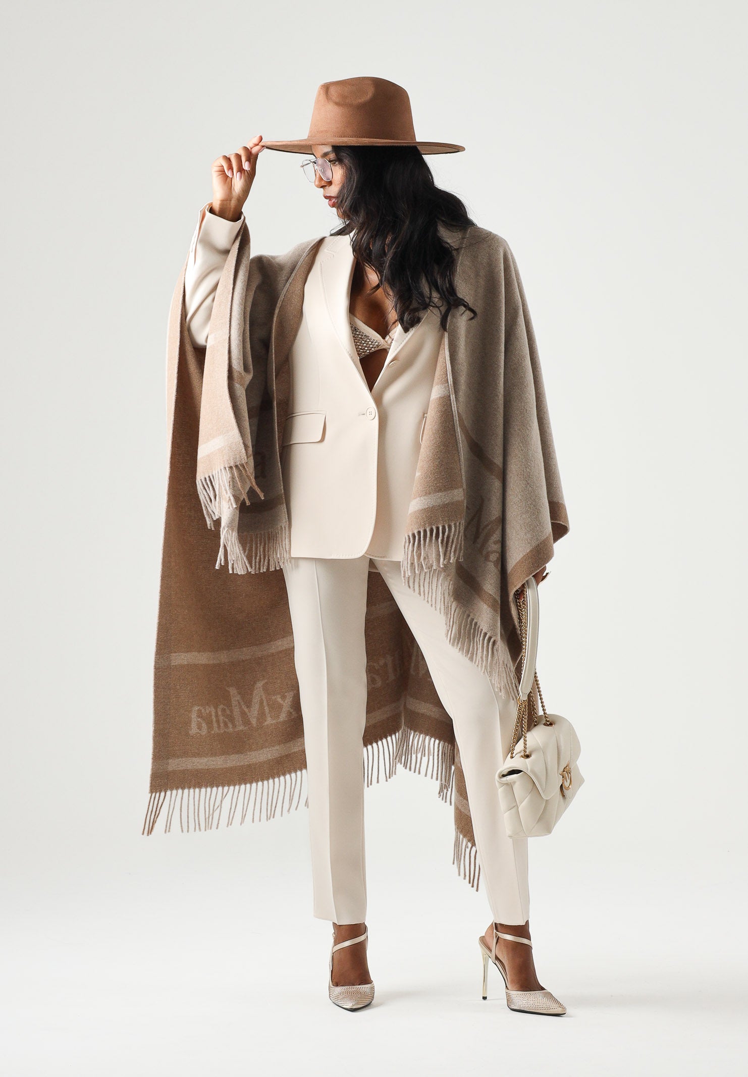 MAX MARA STUDIO Mantella MST PIRANIA casha beige da donna con frange sul fondo<BR/> 2626546021600 001 MAX MARA