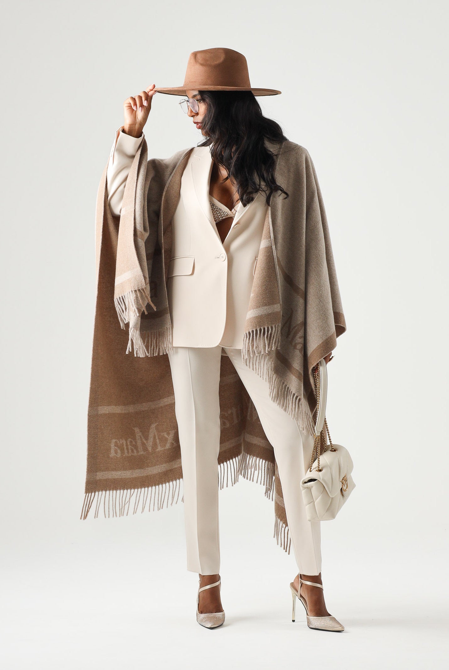 MAX MARA STUDIO Mantella MST PIRANIA casha beige da donna con frange sul fondo<BR/> 2626546021600 001 MAX MARA