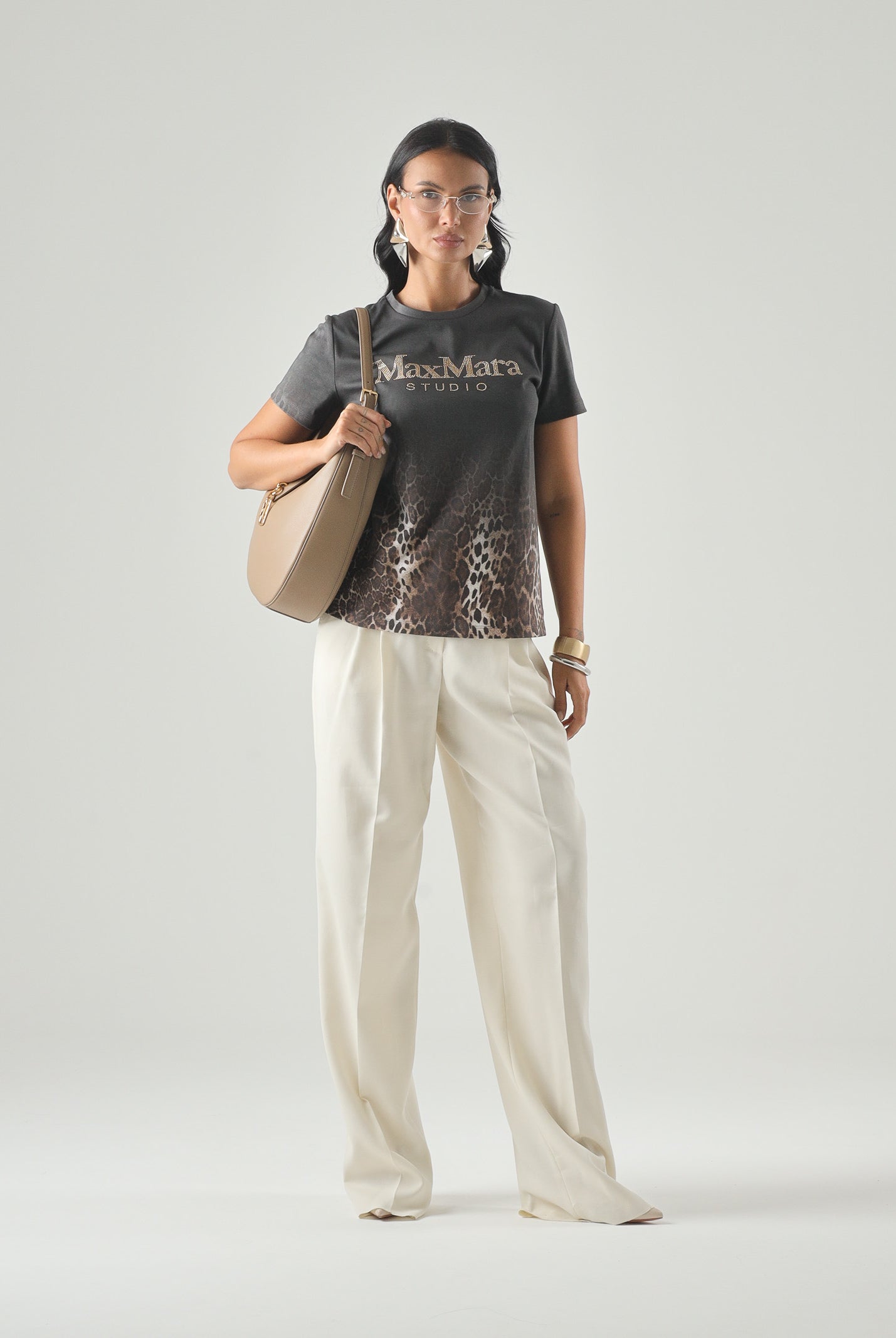 MAX MARA STUDIO T-shirt girocollo nera-marrone da donna con motivo leopardato sfumato sul fondo 2626976011600 005 MAX MARA
