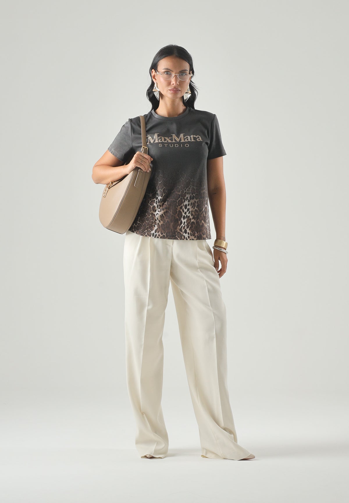 MAX MARA STUDIO T-shirt girocollo nera-marrone da donna con motivo leopardato sfumato sul fondo 2626976011600 005 MAX MARA STUDIO