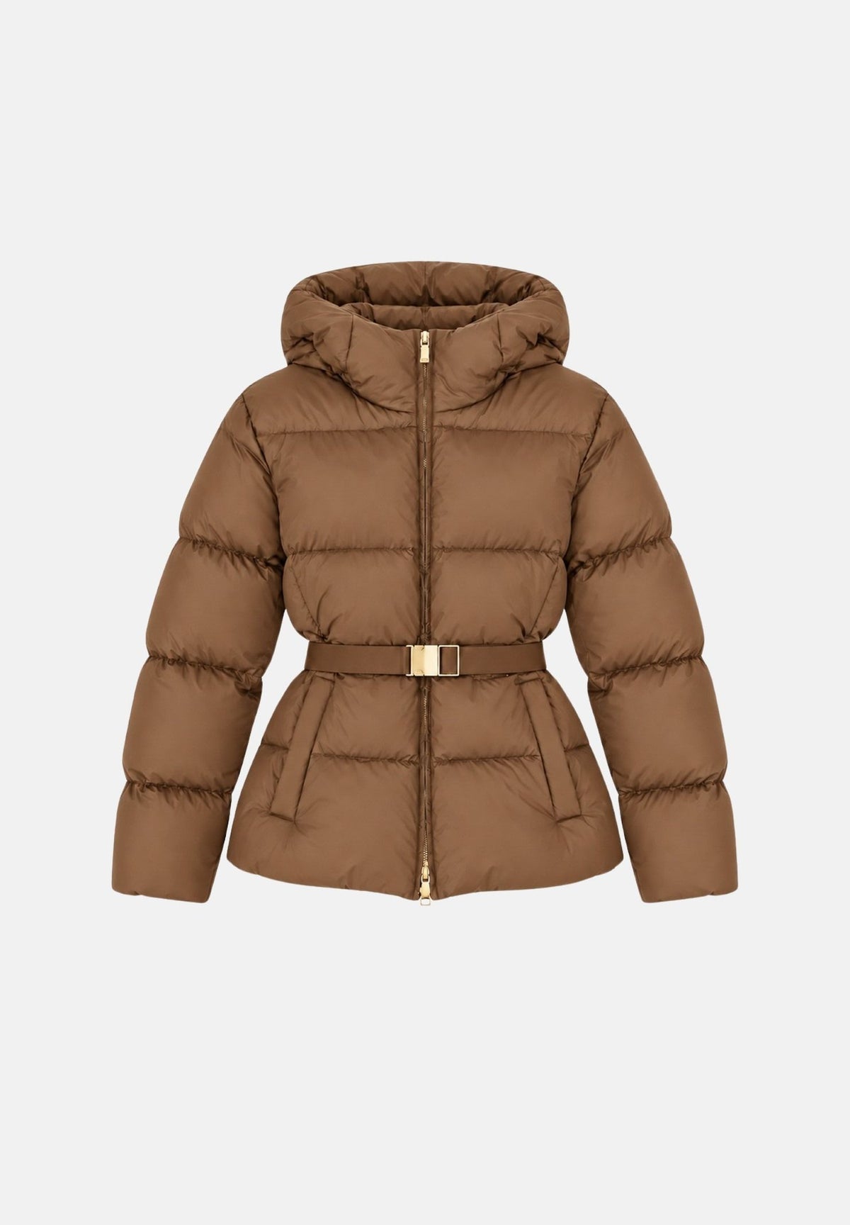 MAX MARA STUDIO Piumino MSTLANA marrone cuoio per donna con cappuccio avvolgente e cintura elastica in vita impreziosita 2626486022600 003 MAX MARA STUDIO