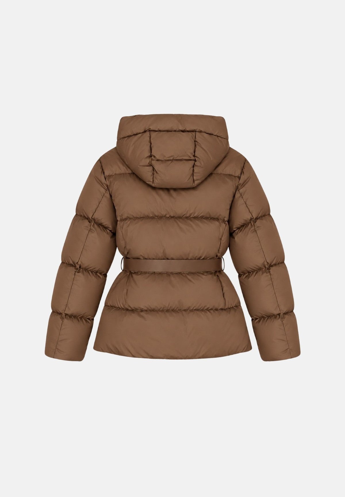 MAX MARA STUDIO Piumino MSTLANA marrone cuoio per donna con cappuccio avvolgente e cintura elastica in vita impreziosita 2626486022600 003 MAX MARA STUDIO