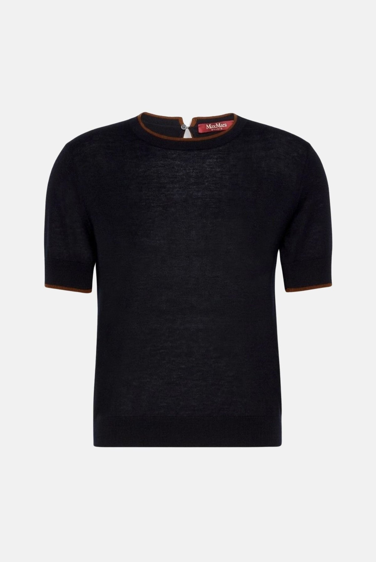 MAX MARA Maglia MSTAGENDA manica corta in filato di lana blu notte, da donna con profilo intarsiato a contrasto.<BR/> 2626366081600 014 MAX MARA STUDIO