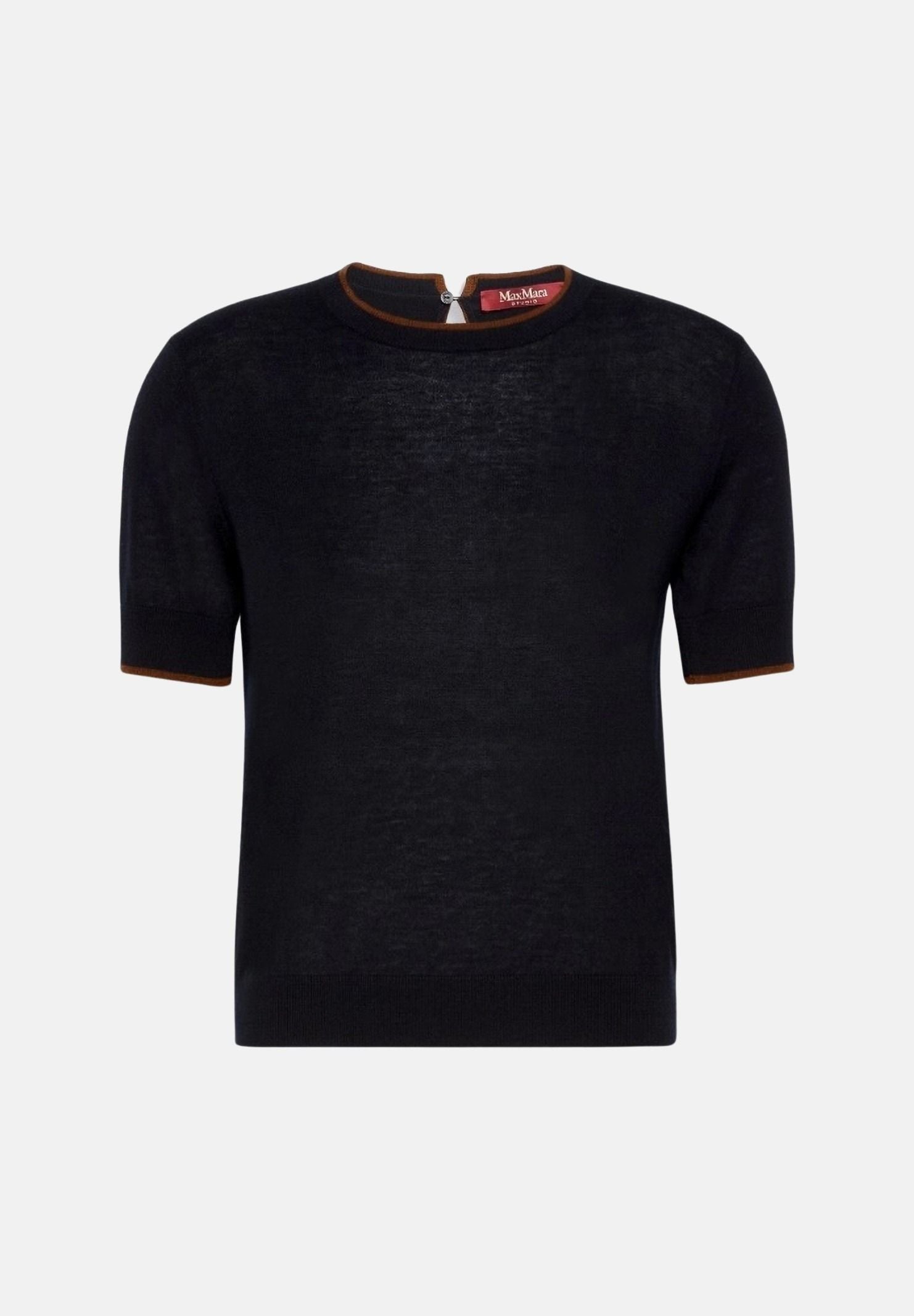 MAX MARA Maglia MSTAGENDA manica corta in filato di lana blu notte, da donna con profilo intarsiato a contrasto.<BR/> 2626366081600 014 MAX MARA