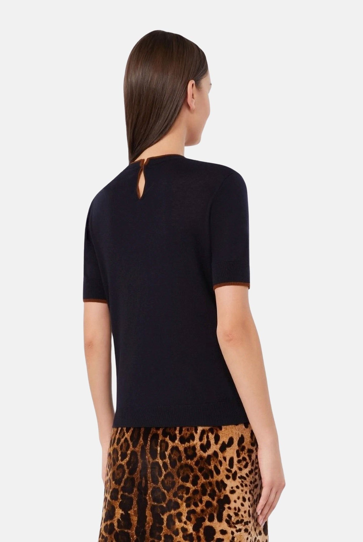 MAX MARA Maglia MSTAGENDA manica corta in filato di lana blu notte, da donna con profilo intarsiato a contrasto.<BR/> 2626366081600 014 MAX MARA