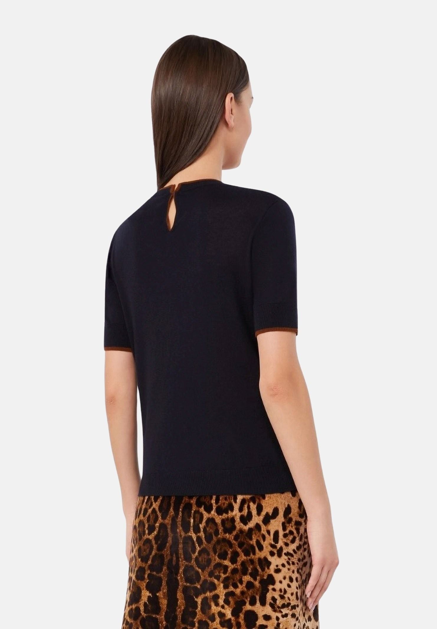 MAX MARA Maglia MSTAGENDA manica corta in filato di lana blu notte, da donna con profilo intarsiato a contrasto.<BR/> 2626366081600 014 MAX MARA