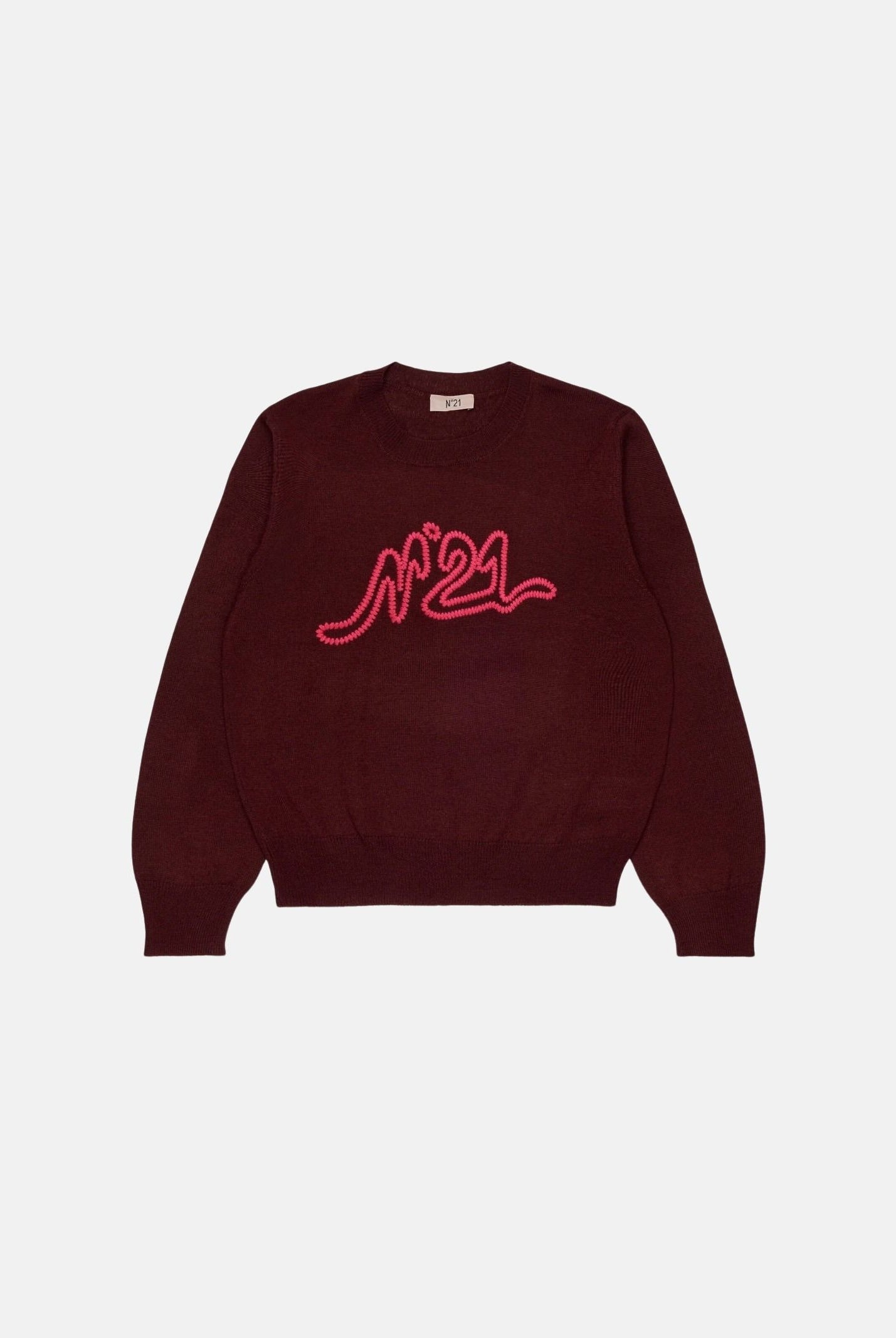 N°21 Maglione LOGO KNITTED SWEATER bordeaux per donna, ragazzi e bambini con logo N°21 ricamato sul davanti.<BR/> N210DVN0122 0N413 N21