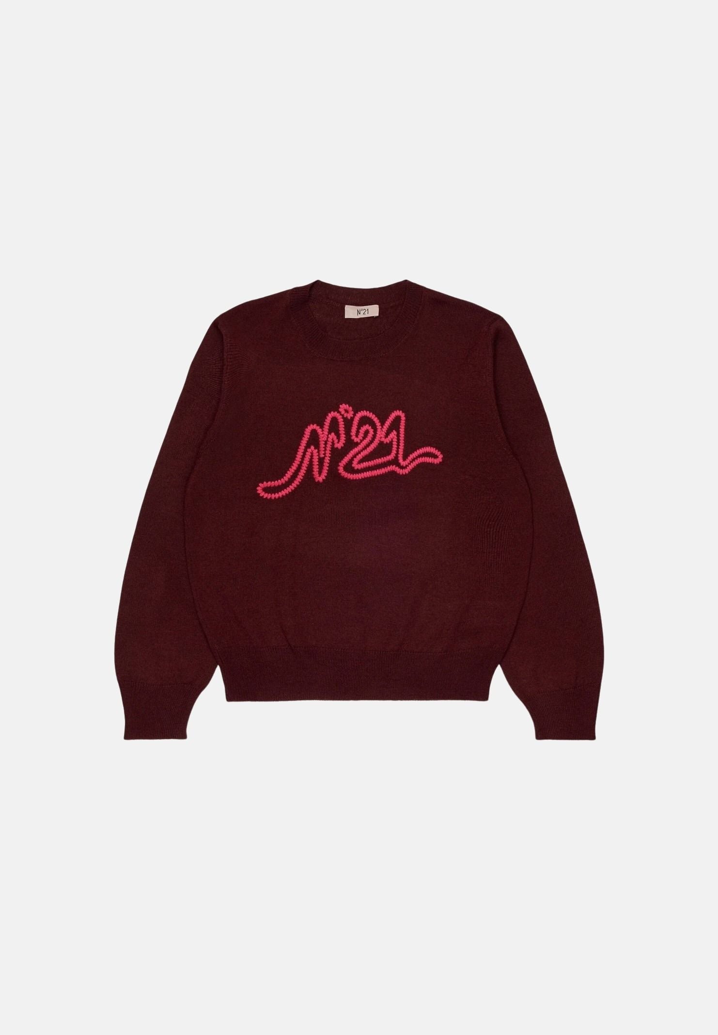 N°21 Maglione LOGO KNITTED SWEATER bordeaux per donna, ragazzi e bambini con logo N°21 ricamato sul davanti.<BR/> N210DVN0122 0N413 N21