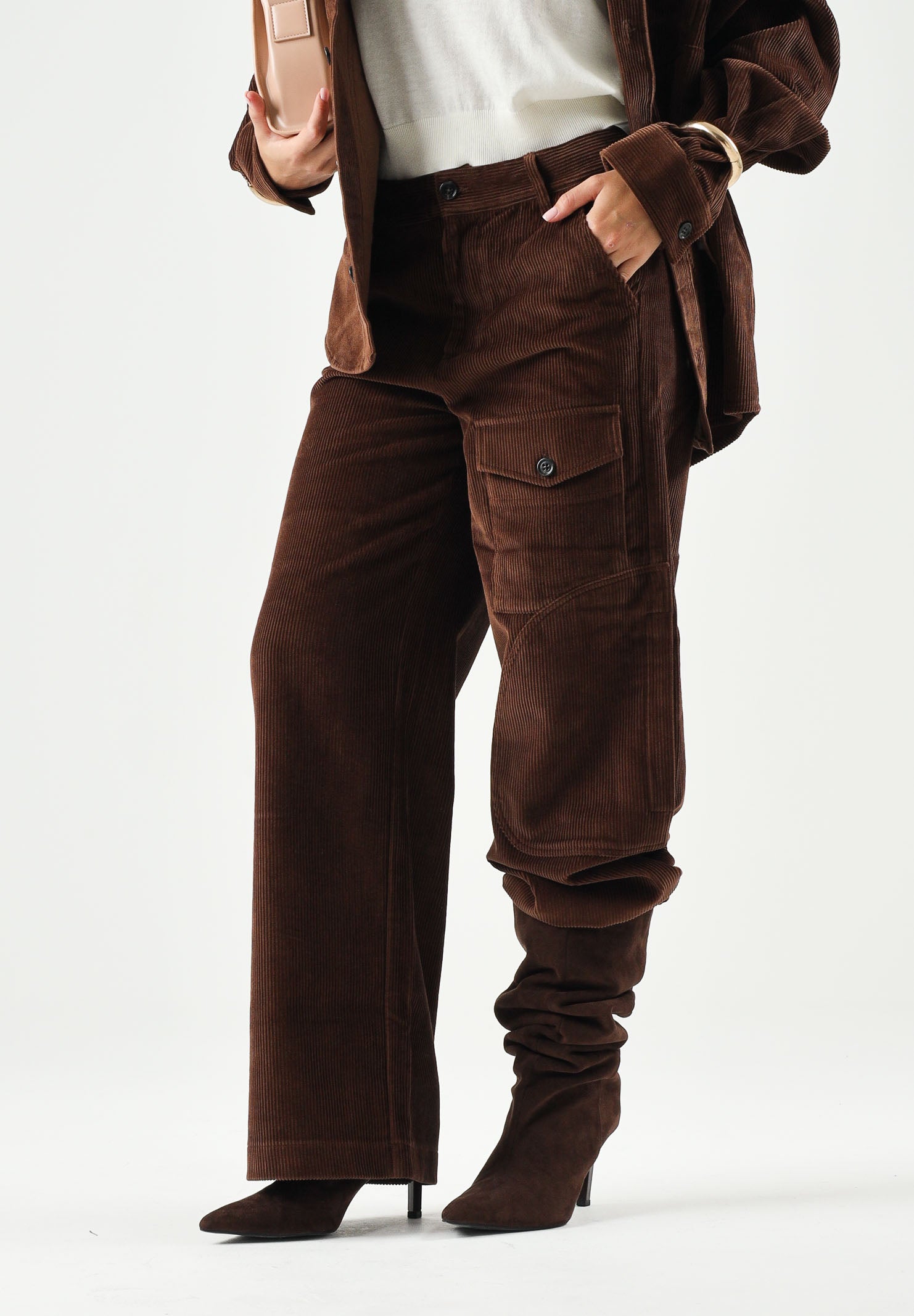 N°21 Jeans CORDUROY TROUSERS choccolate-marrone per donna, ragazzi e bambini con tasca cargo laterale e logo patch sul retro. N210ELN0526 0N721 N21