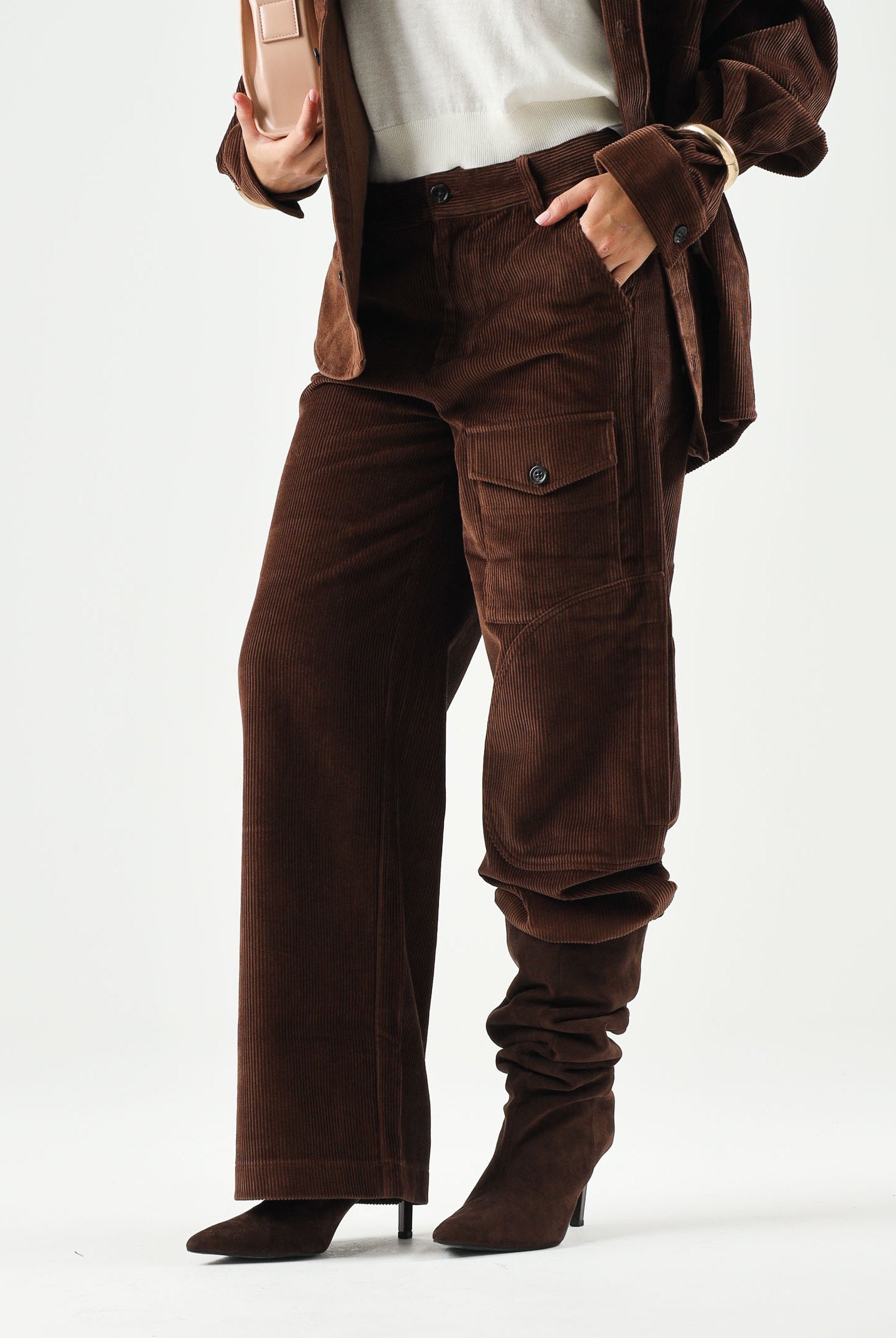 N°21 Jeans CORDUROY TROUSERS choccolate-marrone per donna, ragazzi e bambini con tasca cargo laterale e logo patch sul retro. N210ELN0526 0N721 N21