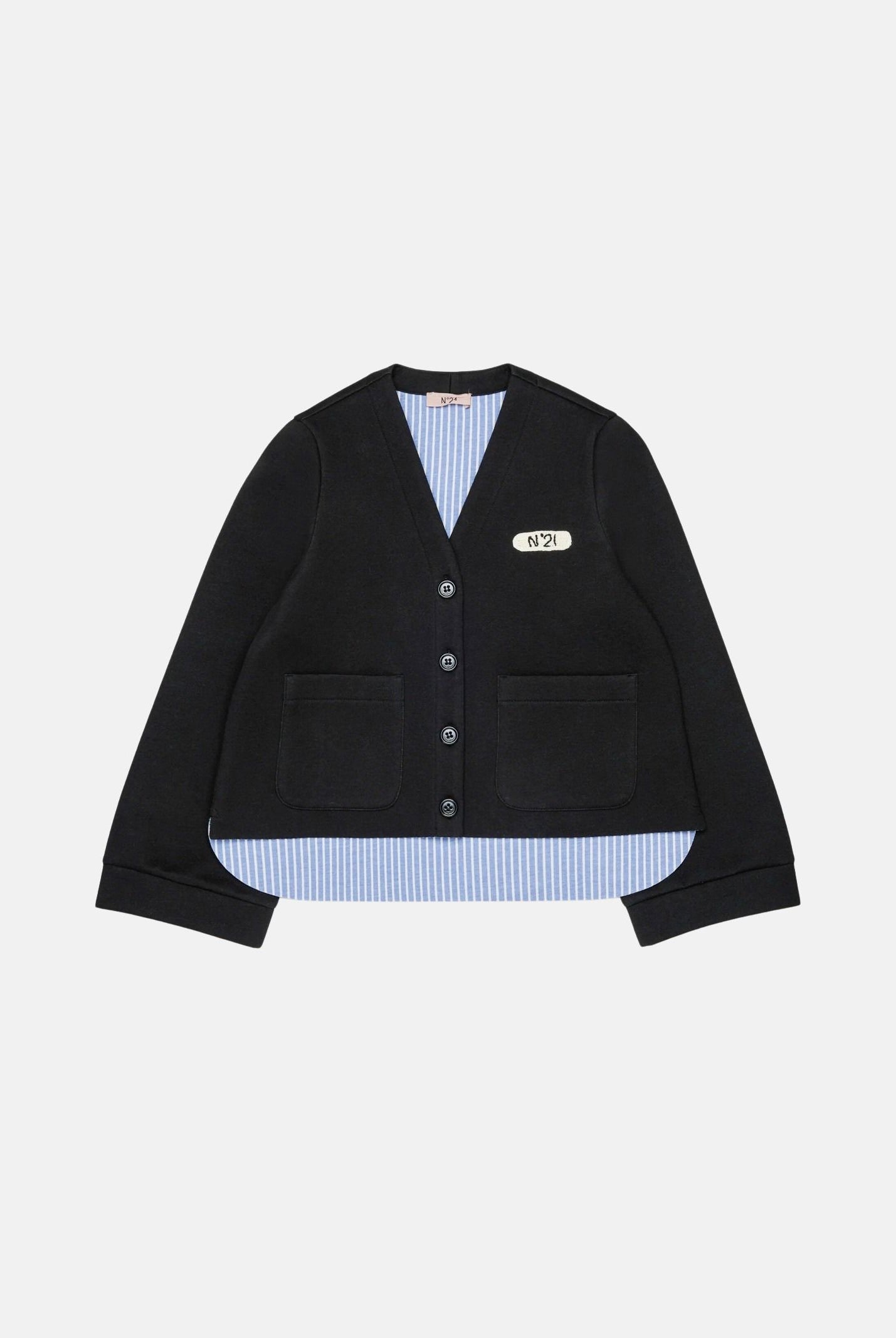 N°21 Cardigan LAYERED black azzurro per donna, ragazzi e bambini con logo patch frontale e fondo effetto sovrapposto a righe.<BR/> N210FGN0516 0N900 N21