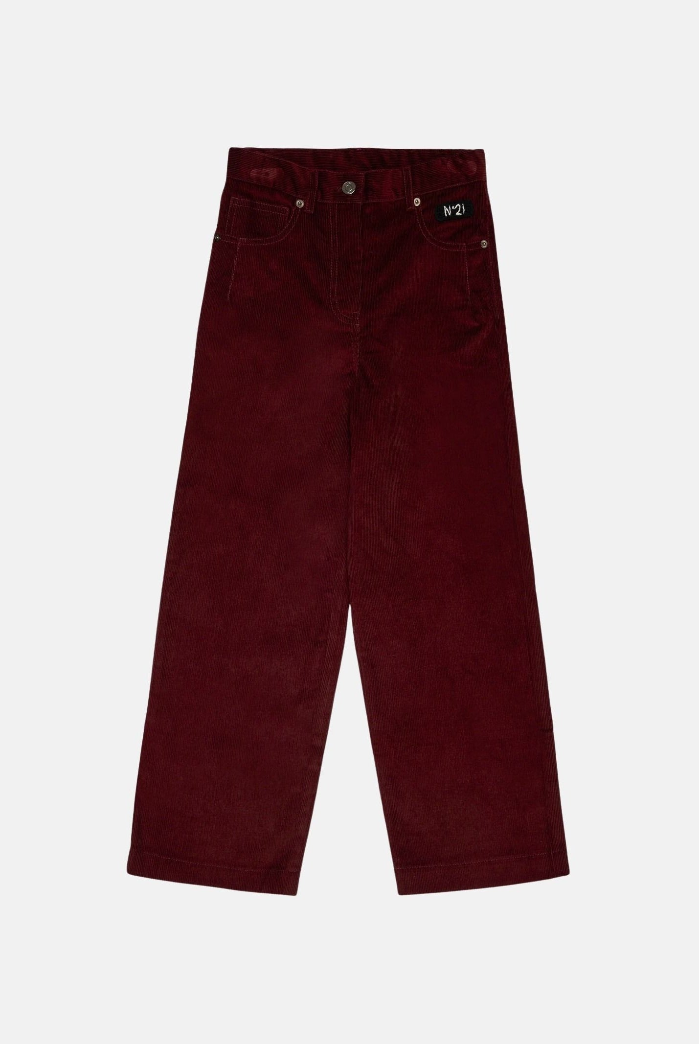N°21 Pantaloni CORDUROY Borgogne-bordeaux, per donna, ragazzi e bambini con logo patch frontale e gamba dritta. N210FUN0517 0N413 N21