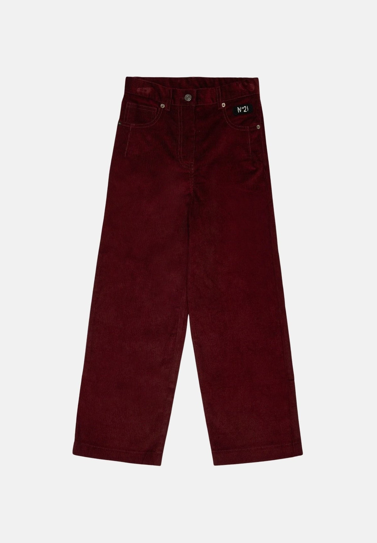 N°21 Pantaloni CORDUROY Borgogne-bordeaux, per donna, ragazzi e bambini con logo patch frontale e gamba dritta. N210FUN0517 0N413 N21