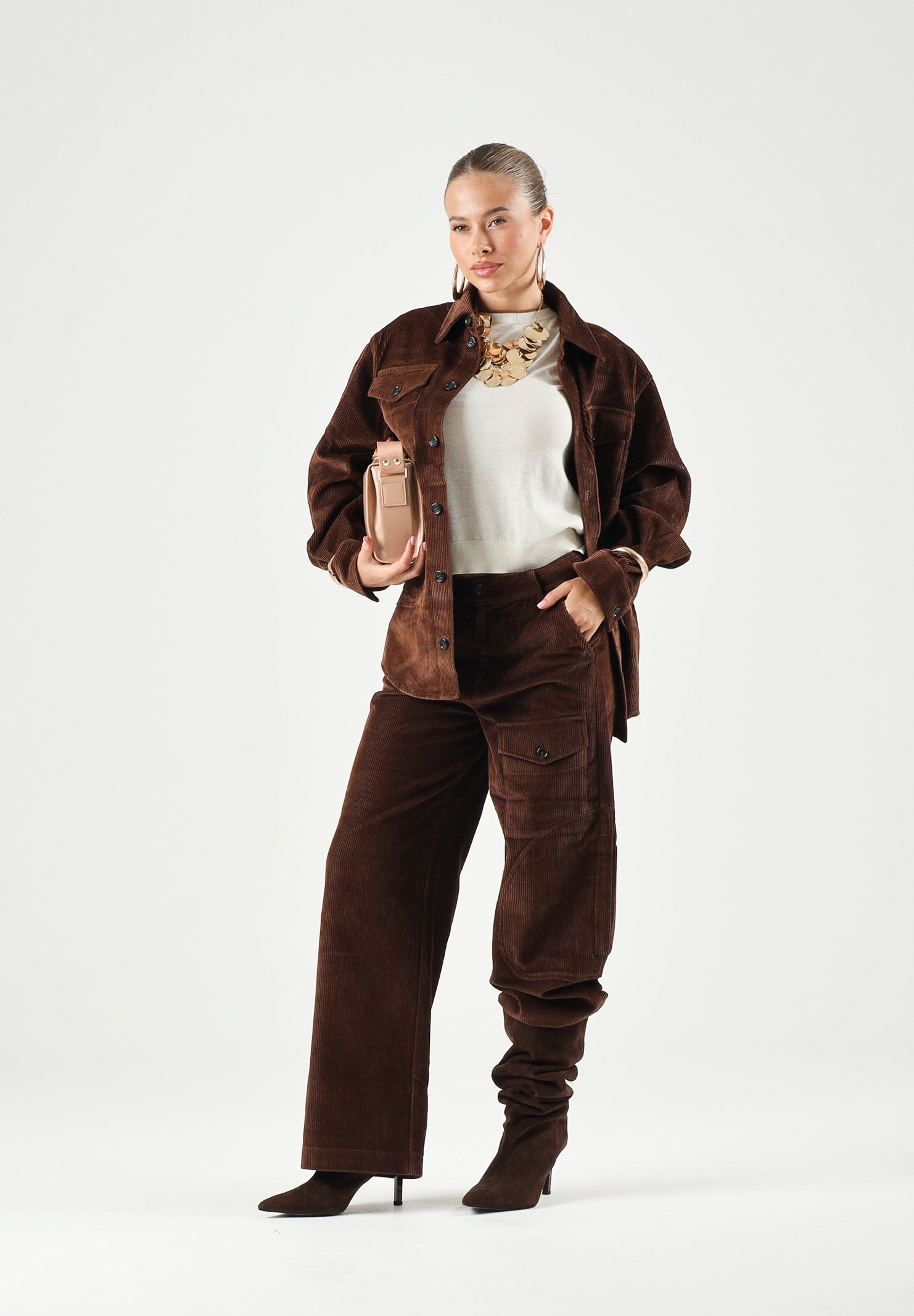 N°21 Camicia COURDUROY shirt, colore brand Chocolate Brown, per donna, ragazzi e bambini con logo in velluto a coste N210FVN0526 0N721 N21