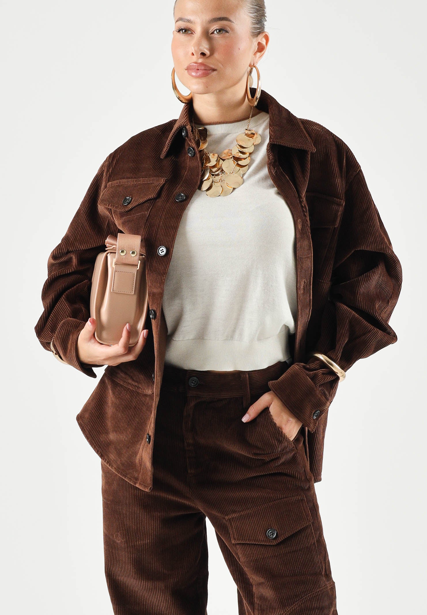 N°21 Camicia COURDUROY shirt, colore brand Chocolate Brown, per donna, ragazzi e bambini con logo in velluto a coste N210FVN0526 0N721 N21