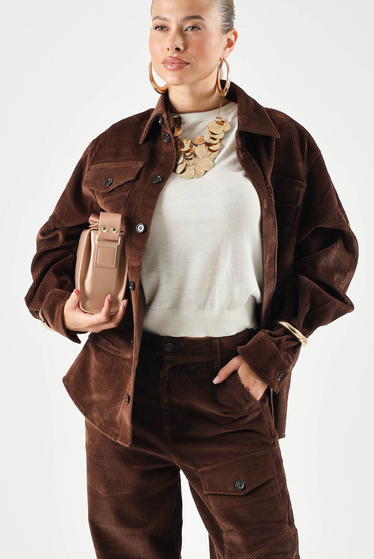 N°21 Camicia COURDUROY shirt, colore brand Chocolate Brown, per donna, ragazzi e bambini con logo in velluto a coste N210FVN0526 0N721 N21