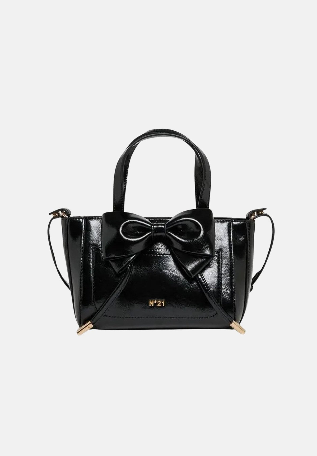 N21 Borsa a mano nera da donna con manici superiori e dettaglio fiocco in pelle applicato. N210G5N0246 0N900 N21