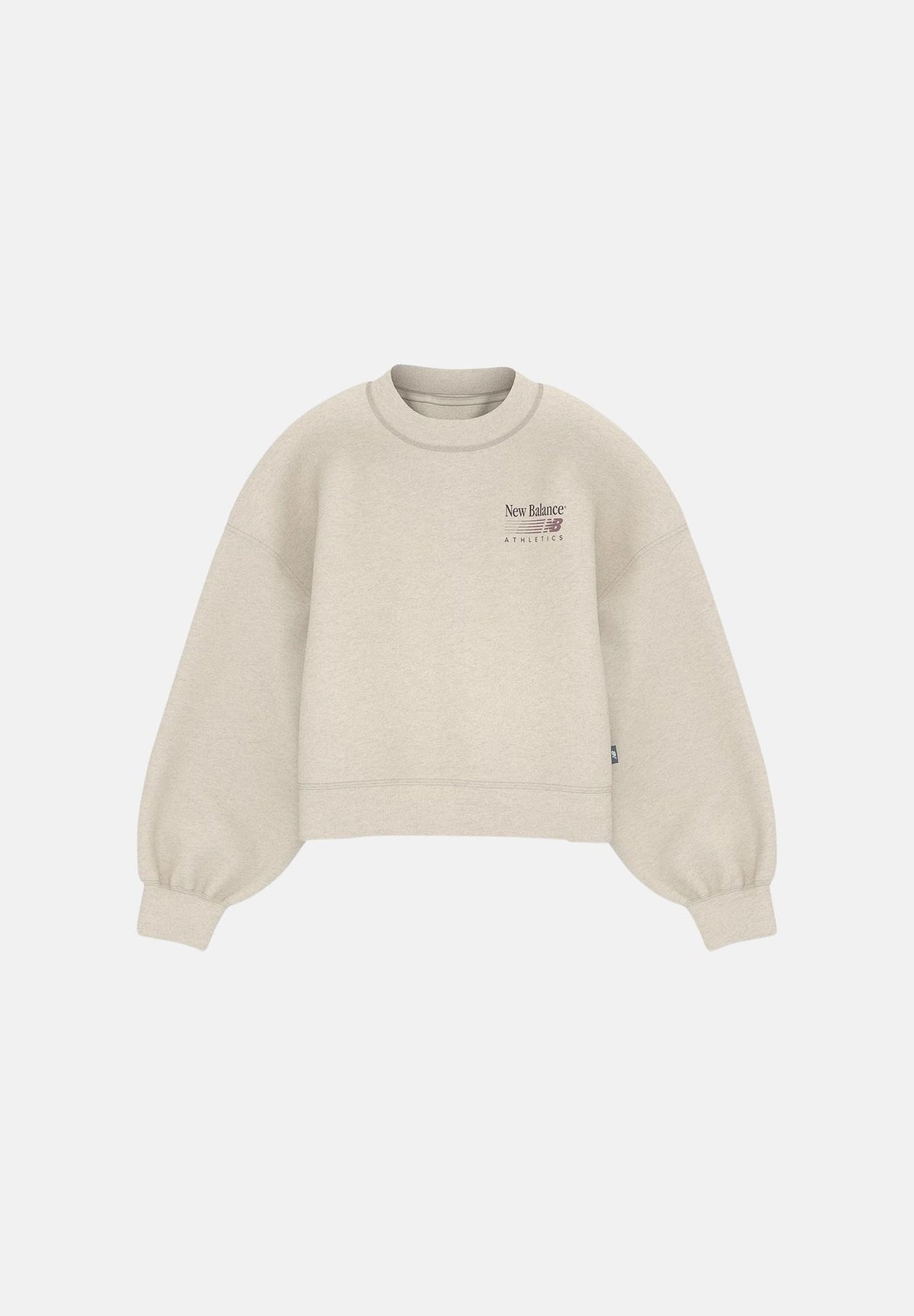 NEW BALANCE Felpa girocollo TRACKSIDE FLEECE CREW beige mélange da donna con mini logo laterale WT62T7JOLIT . NEW BALANCE