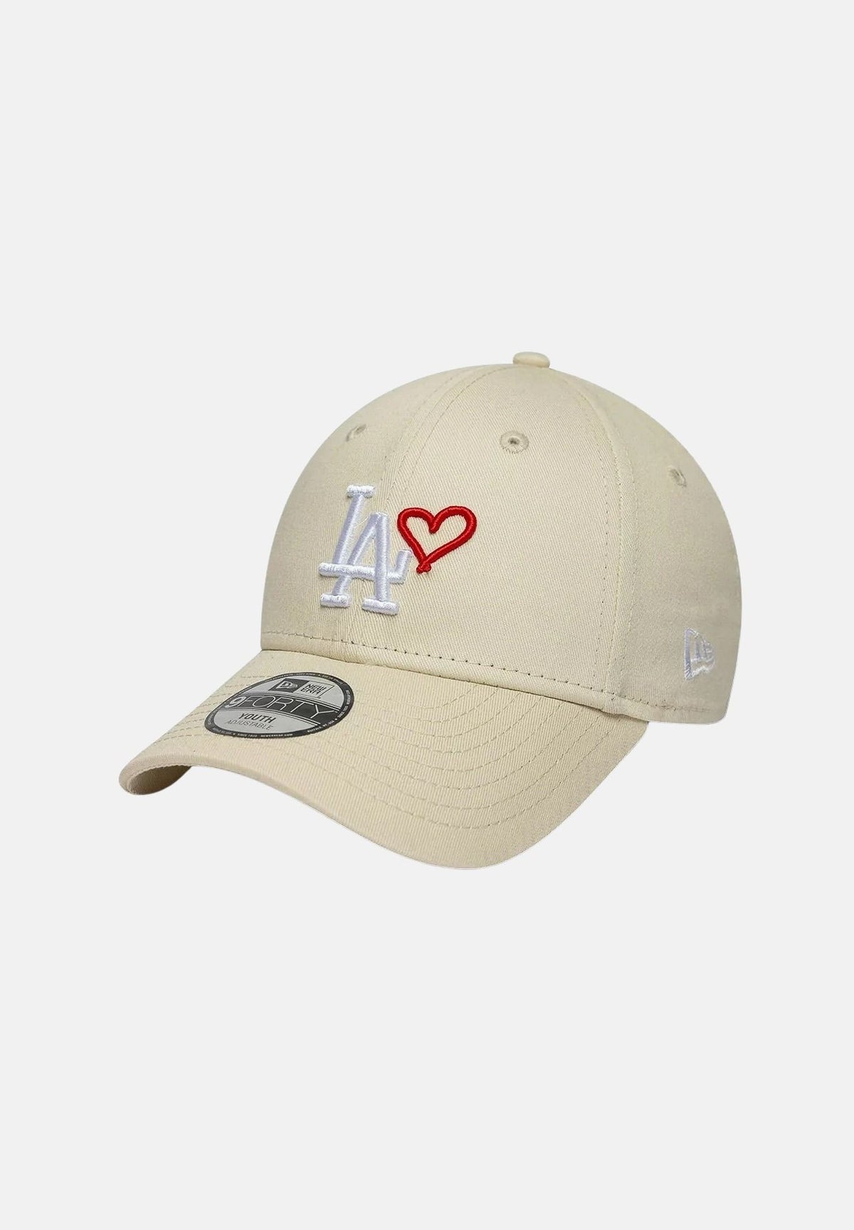NEW ERA Cappello 9FORTY LA DODGERS MLB HEART ICON beige chiaro per bambino e bambina, con logo LA, cuore rosso e visiera curva.<BR/> 60960363 . NEW ERA