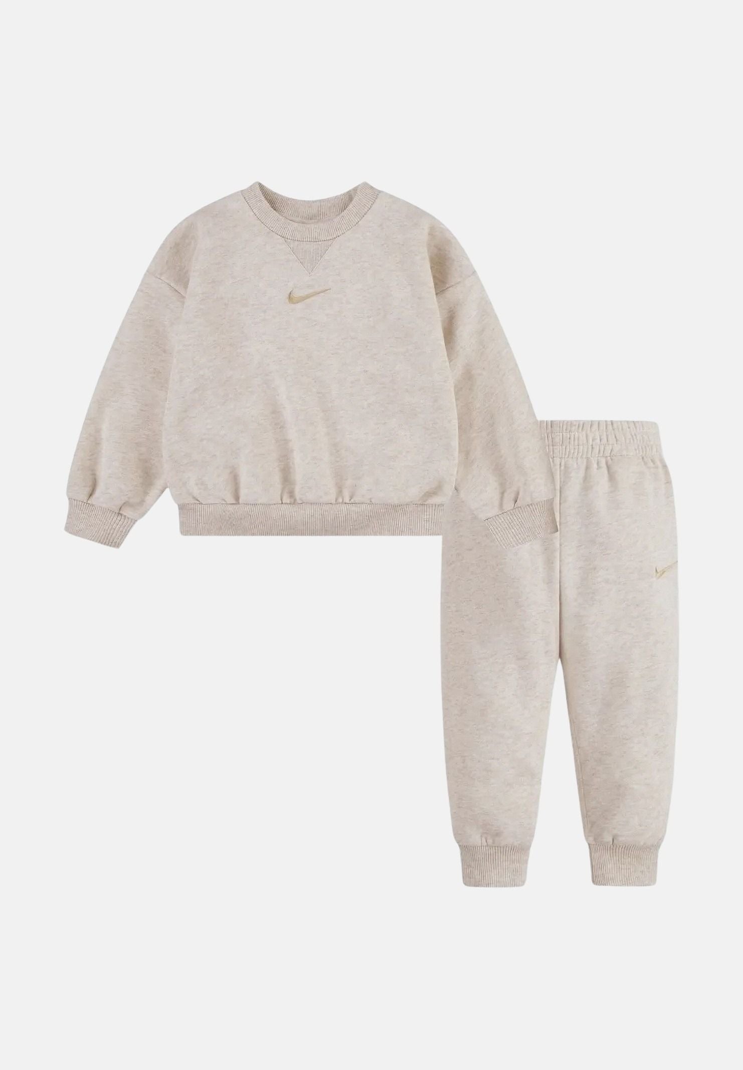 NIKE Tuta sportiva beige per bambino e bambina con felpa girocollo e pantaloni coordinati logati. 86M188 W67 NIKE