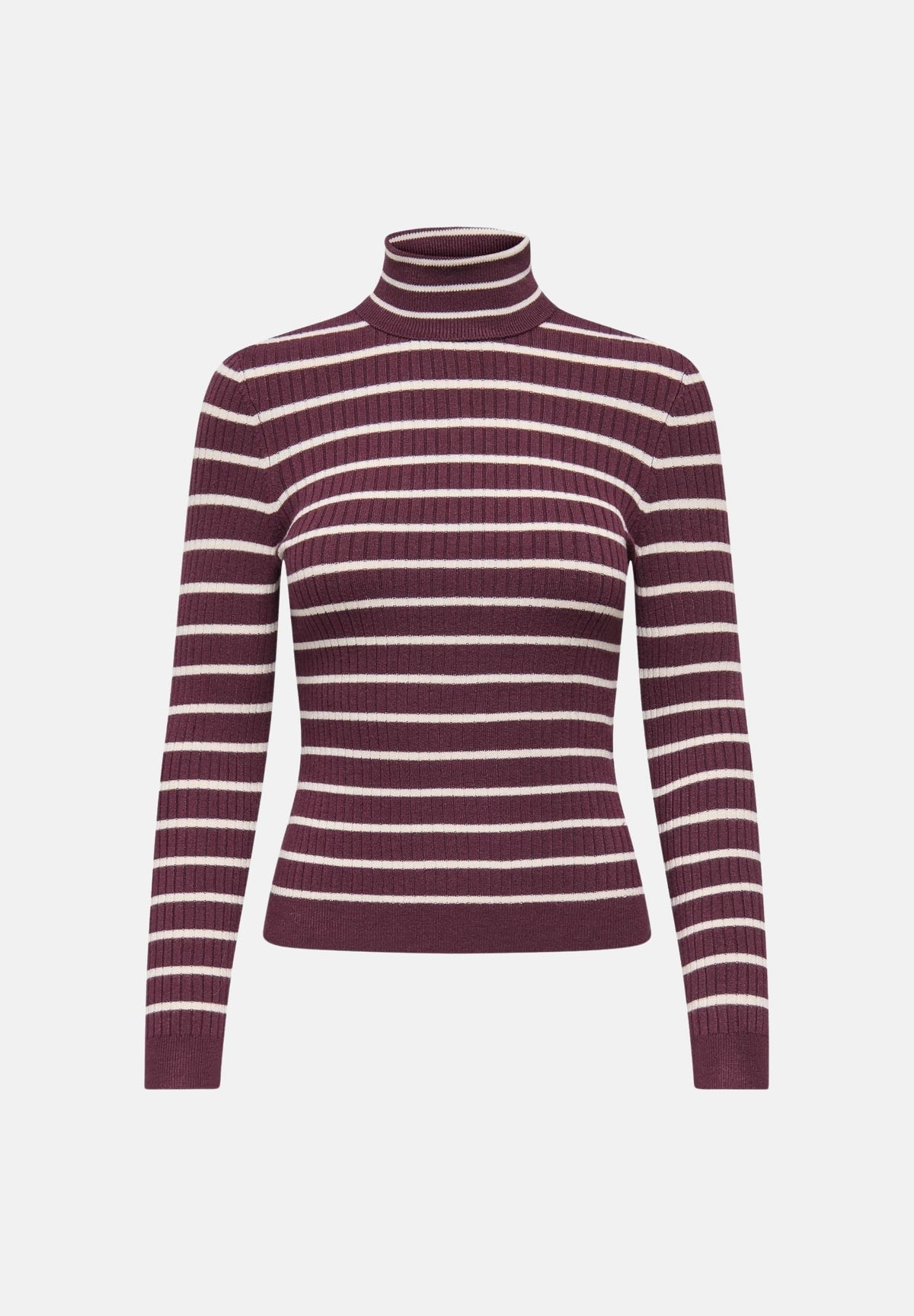 ONLY Dolcevita rigato bordeaux per donna con collo alto e motivo a righe orizzontali bianche. 15165075 FI ONLY