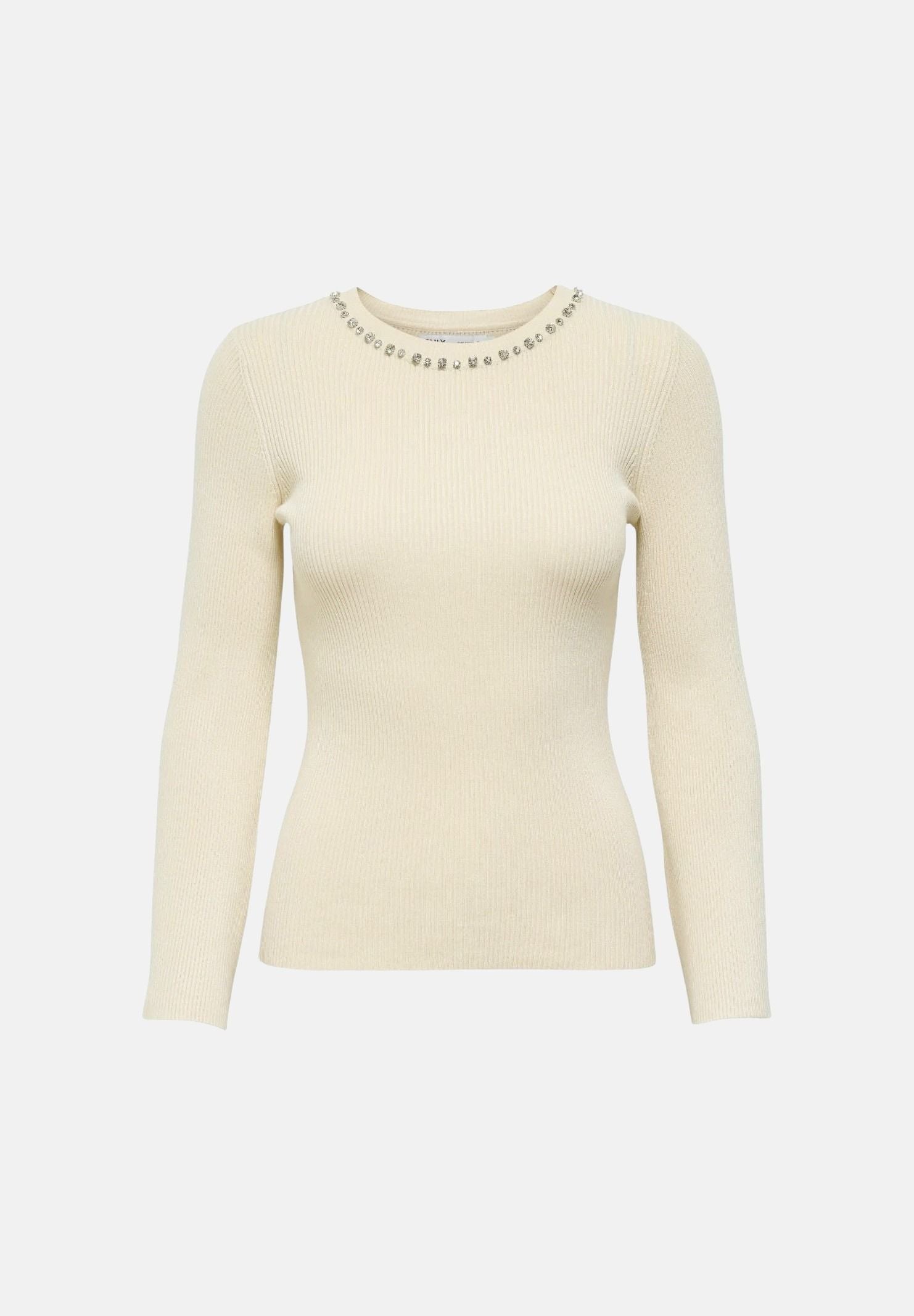 ONLY Pullover NATASCHA birch silver beige chiaro da donna con applicazioni gioiello.<BR/> 15350822 BISI ONLY