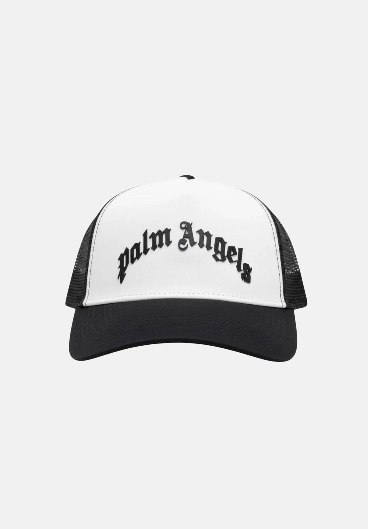 PALM ANGELS Cappello TRUCKER Black White nero e bianco per uomo e donna, con retro in rete, visiera curva e logo gotico in rilievo. BK00CMZ1123 V1 PALM ANGELS