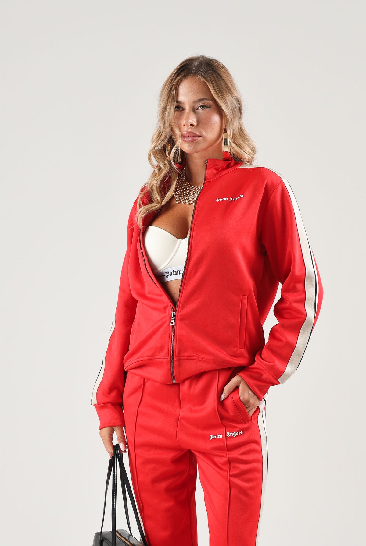 PALM ANGELS Felpa con zip rossa per donna, ragazzi e bambini con<BR/>bande laterali a contrasto lungo le maniche F6PAJBJK028 040 PALM ANGELS