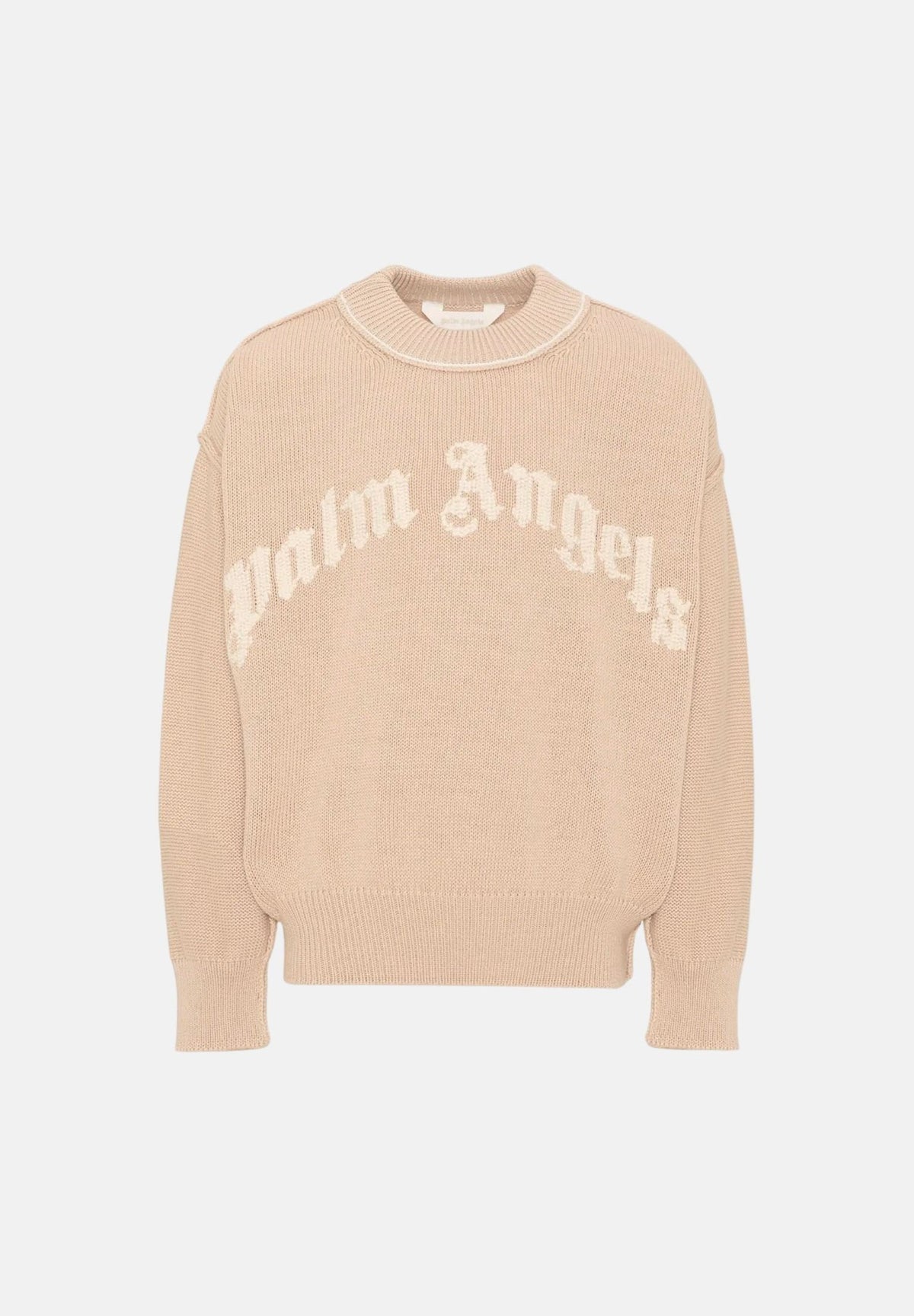 PALM ANGELS Maglione girocollo beige per donna, ragazza e bambina con logo ad intarsio sul davanti. F6PAJBJP146 1531 PALM ANGELS