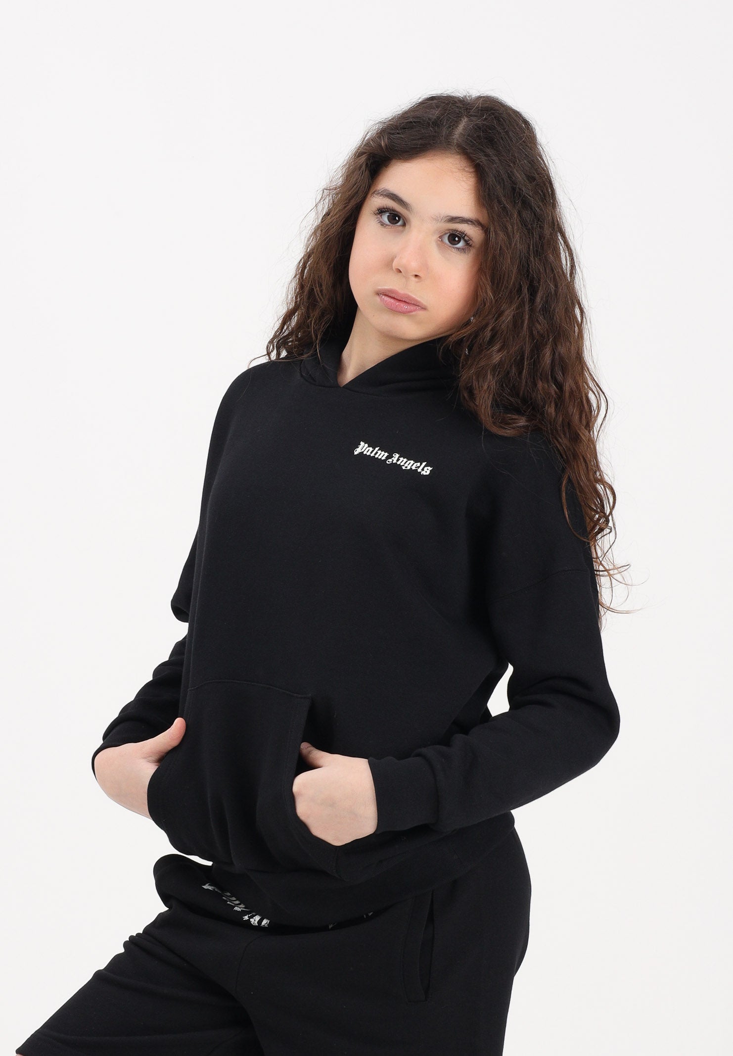 PALM ANGELS Felpa con cappuccio nera per donna, ragazzi e bambini rifinita da stampa logo PBBB011S26FLE001 110 PALM ANGELS