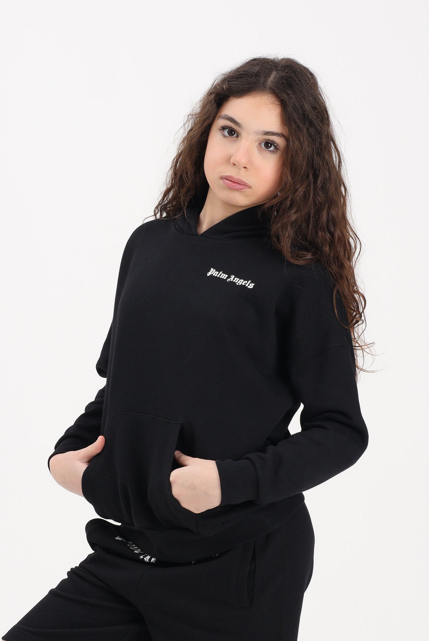 PALM ANGELS Felpa con cappuccio nera per donna, ragazzi e bambini rifinita da stampa logo PBBB011S26FLE001 110 PALM ANGELS