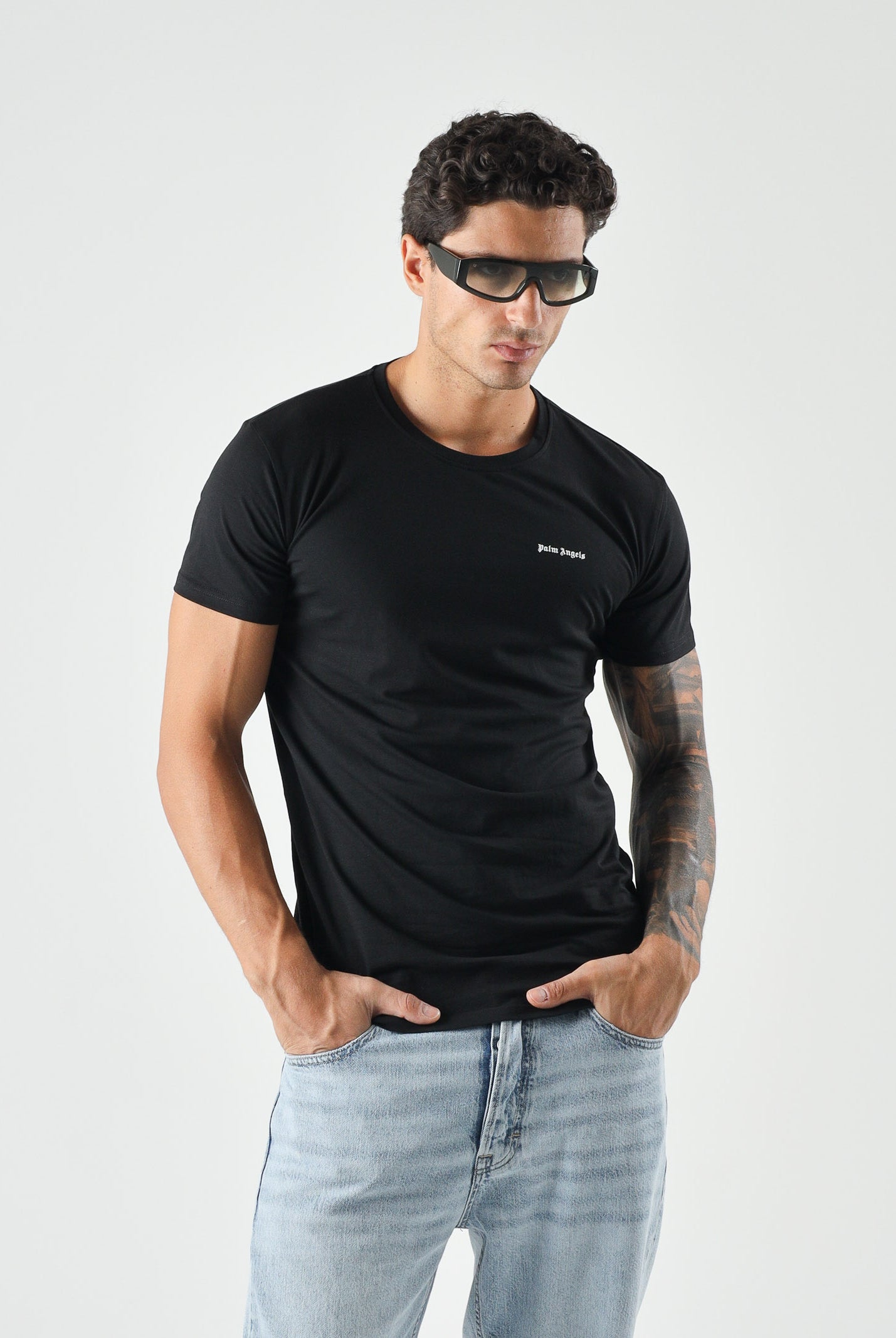 PALM ANGELS T-shirt manica corta black-nero da uomo, con logo minimal sul petto PLA1UMBTS01BI BL PALM ANGELS