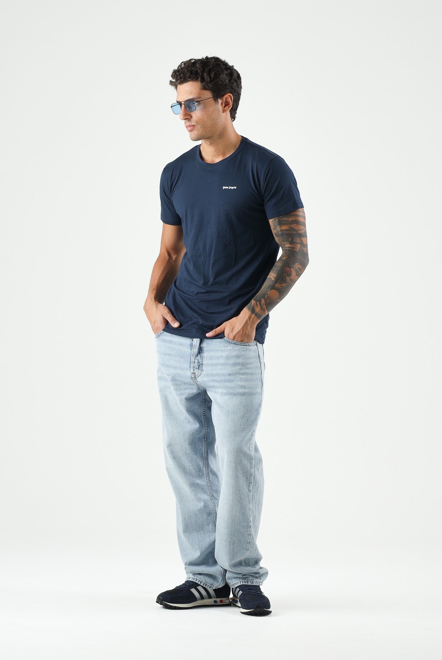 PALM ANGELS T-shirt manica corta navy-blu da uomo, con logo minimal sul petto<BR/> PLA1UMBTS01BI NA PALM ANGELS