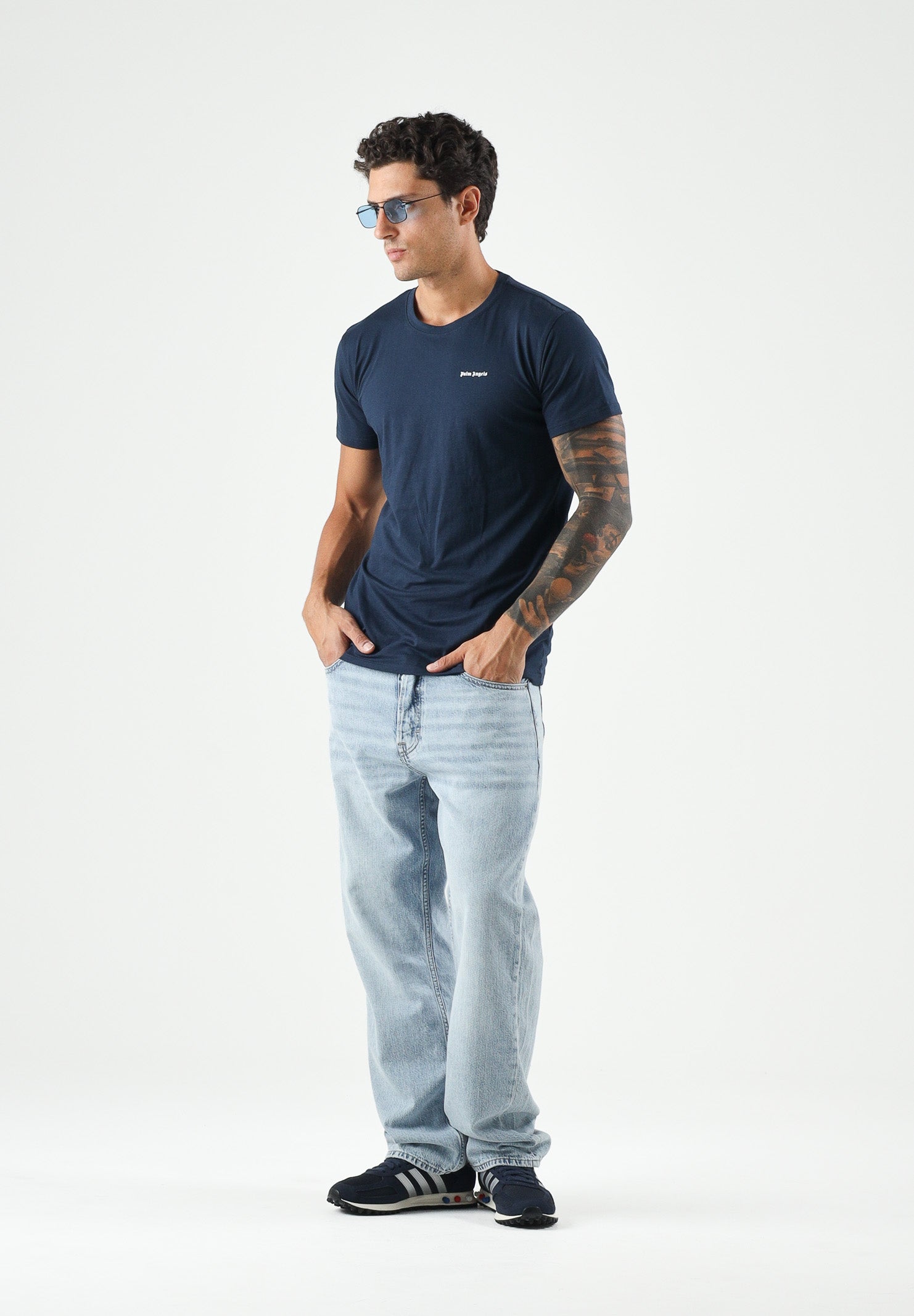 PALM ANGELS T-shirt manica corta navy-blu da uomo, con logo minimal sul petto<BR/> PLA1UMBTS01BI NA PALM ANGELS