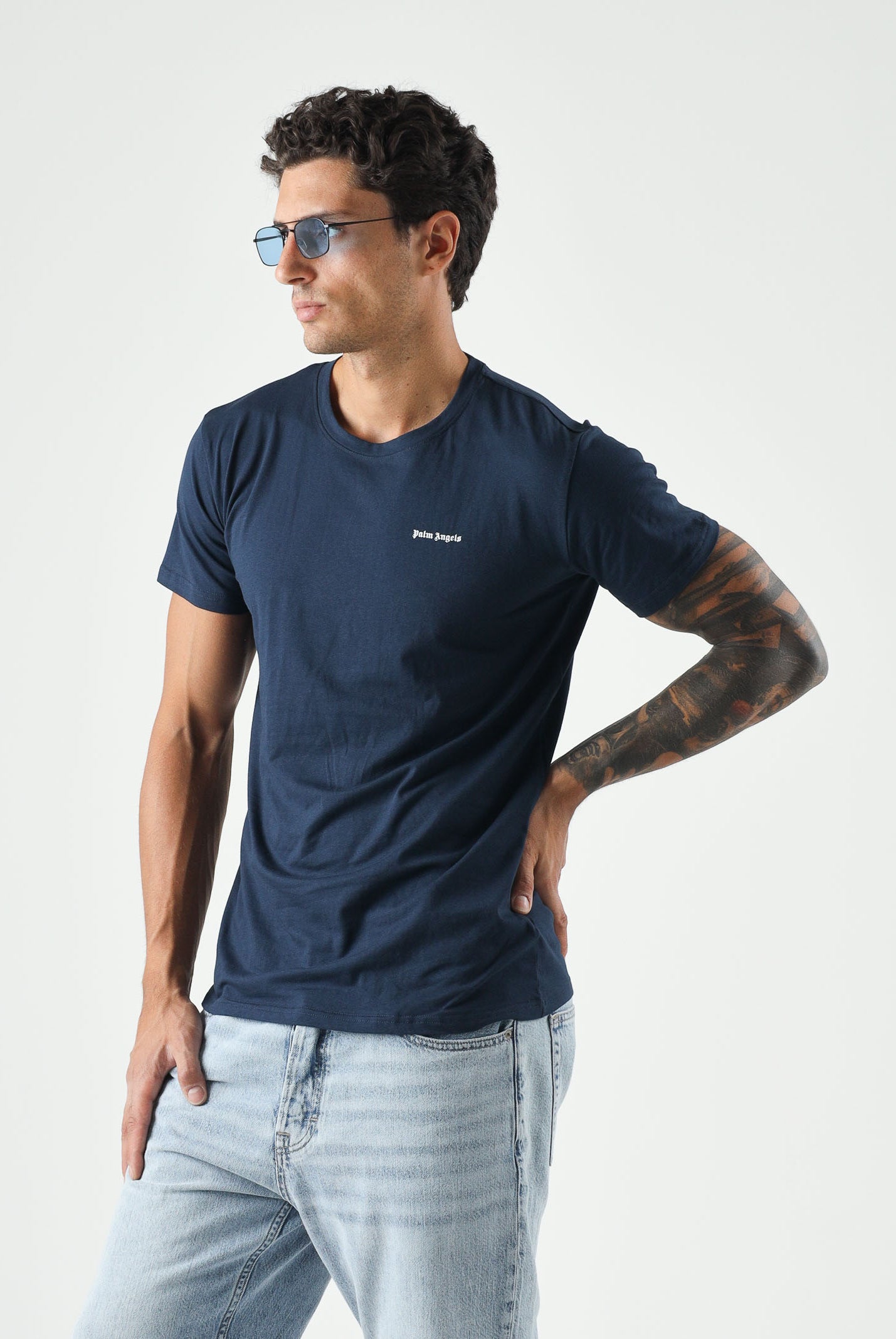 PALM ANGELS T-shirt manica corta navy-blu da uomo, con logo minimal sul petto<BR/> PLA1UMBTS01BI NA PALM ANGELS
