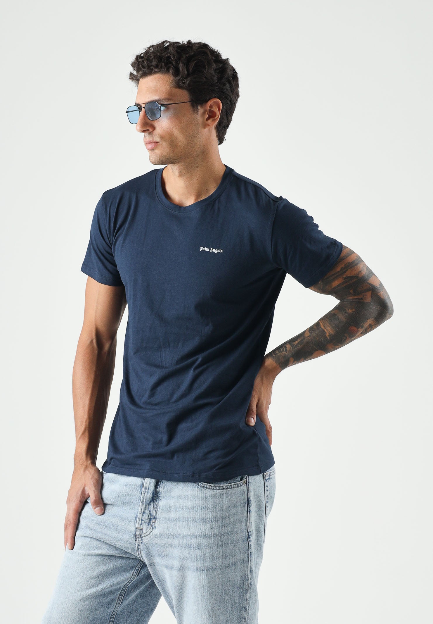 PALM ANGELS T-shirt manica corta navy-blu da uomo, con logo minimal sul petto<BR/> PLA1UMBTS01BI NA PALM ANGELS