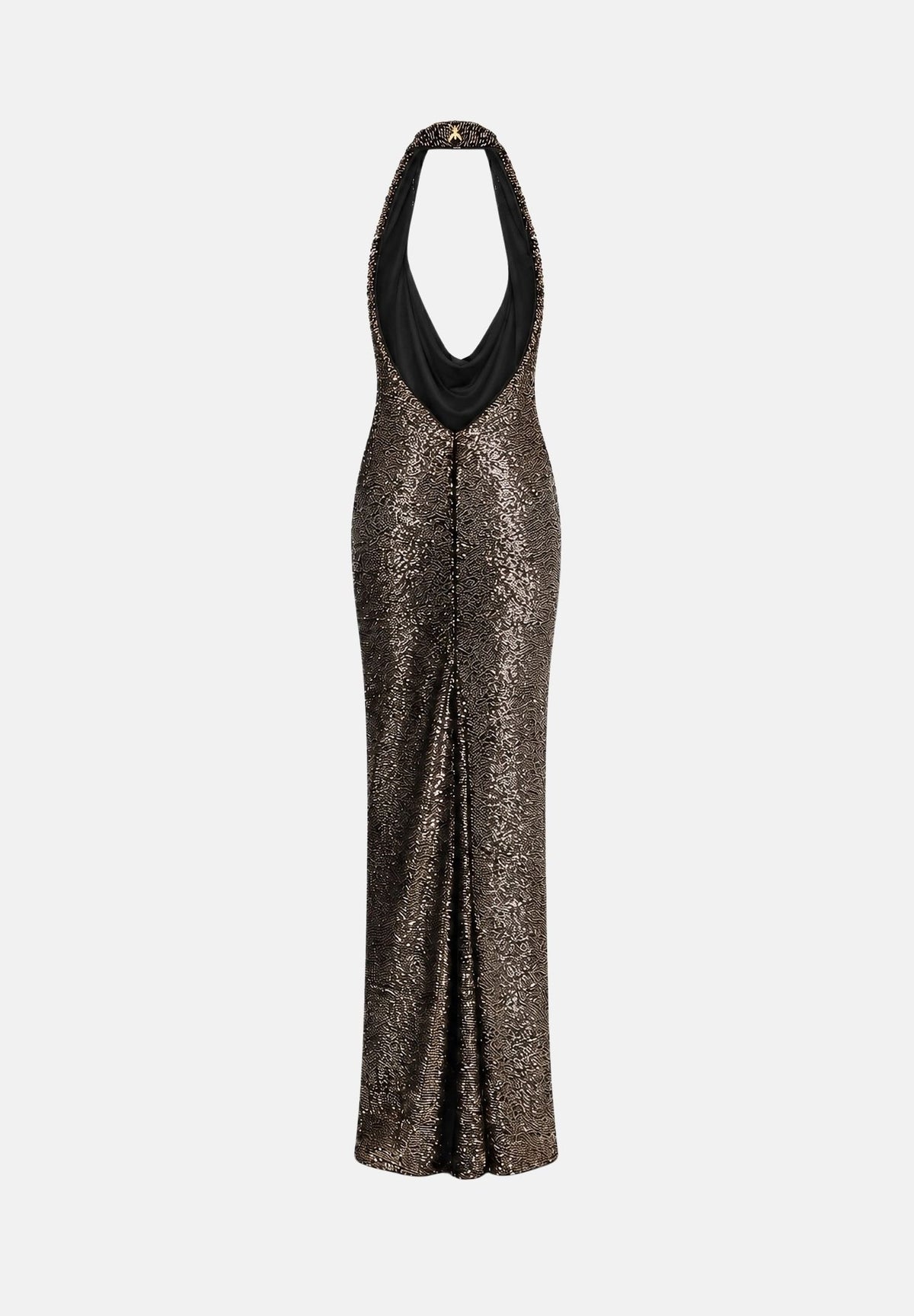 PATRIZIA PEPE Abito lungo nero e bronzo da donna con paillettes all-over e scollo halter drappeggiato. 2A0056J0090 J391 PATRIZIA PEPE